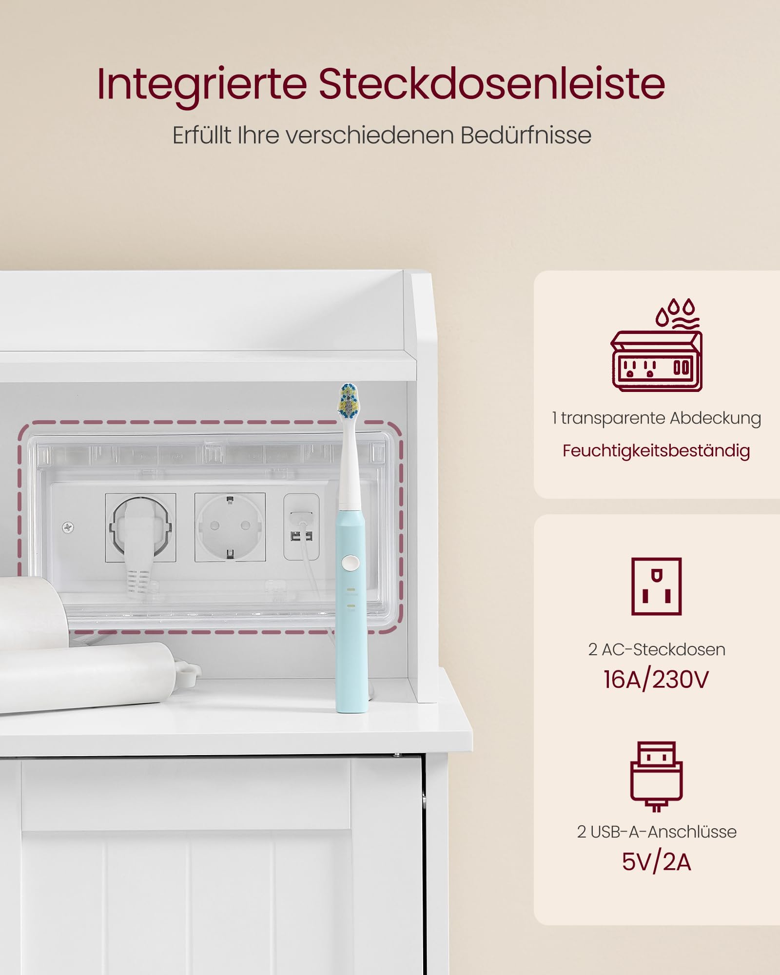 VASAGLE Badezimmerschrank, Badschrank, stehend, mit Tür, Steckdosenleiste, Schubladen, Schrank für Toilettenpapier, Toilettenschrank, verstellbare Ablagen, 30 x 60 x 100 cm, wolkenweiß BBC775W03