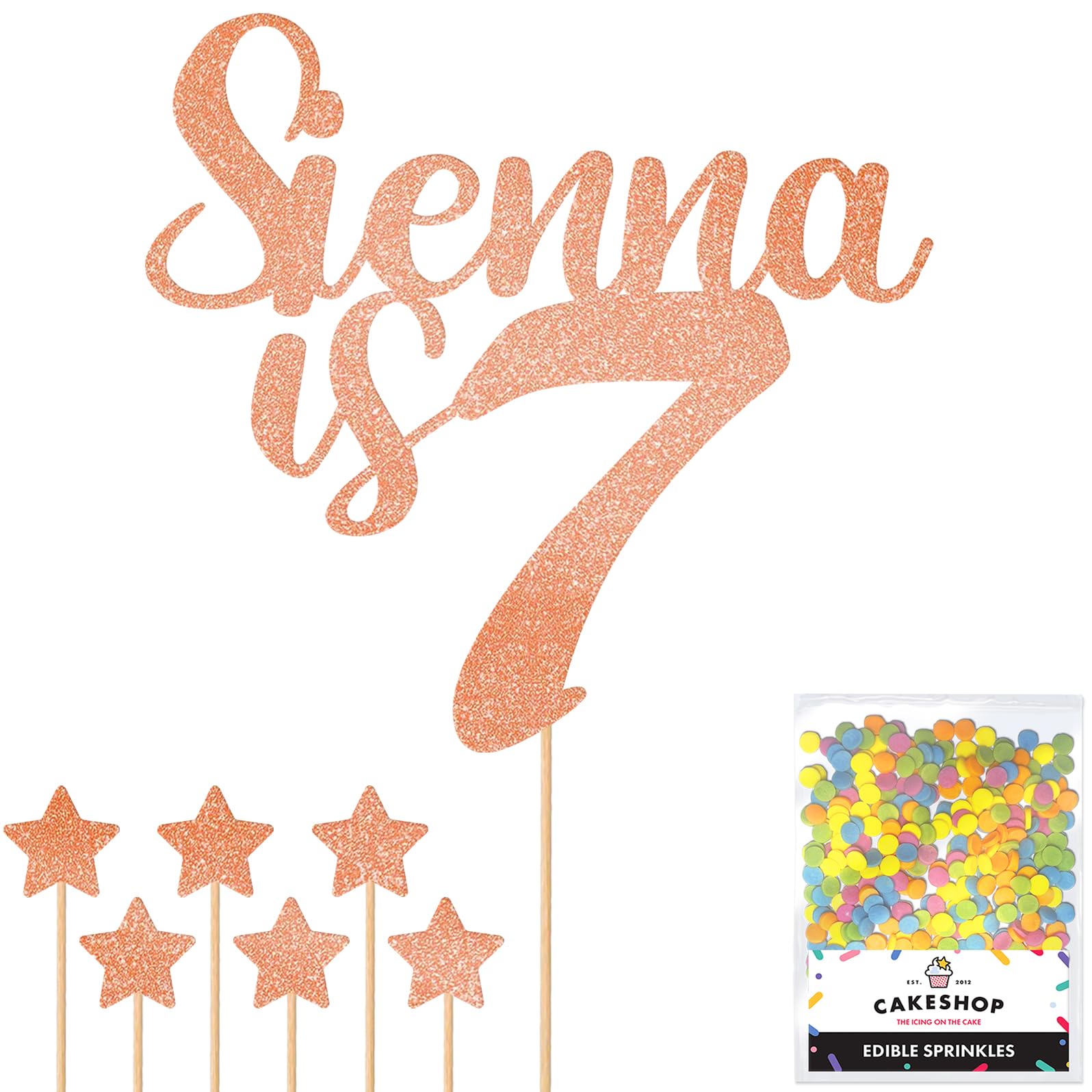 Personalised Happy Birthday Glitter Cake Topper - Rose Gold Any Name & Any Age Glitter Cake Decoration and Sprinkles - Happy Birthday Decorations - Personalised Toppers for Cakes by Cakeshop โ image 1