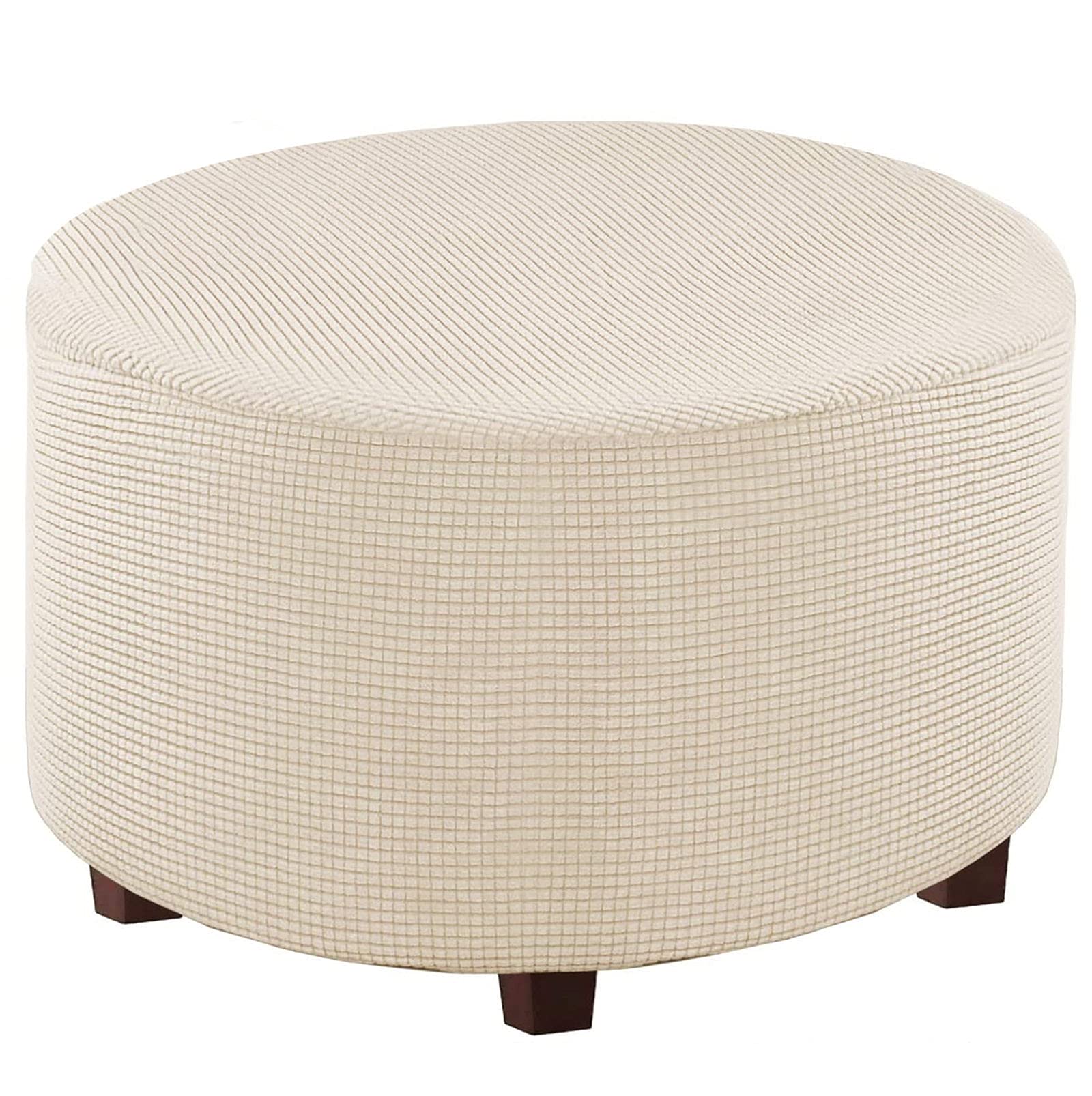 JHLD Round Stretch Ottoman Cover, Thickened Plaid Spandex Ottoman Slipcover Removable Pedal Protective Cover For Living Room-cream color-Medium