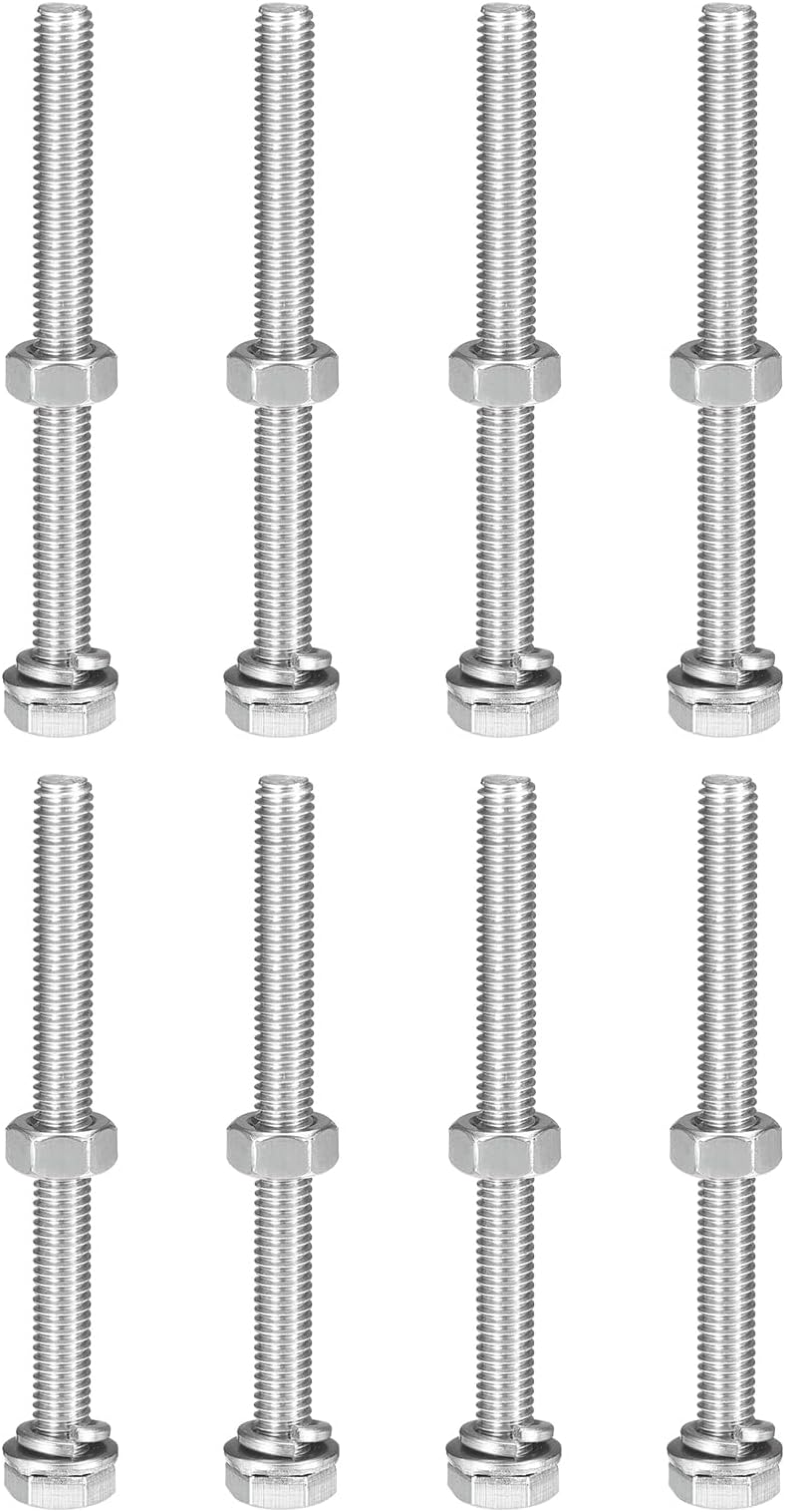 sourcing map M6 x 70mm Hex Head Screws Bolts, Nuts, Flat & Lock Washers Kits, 304 Stainless Steel Fully Thread Hexagon Bolts 8 Sets