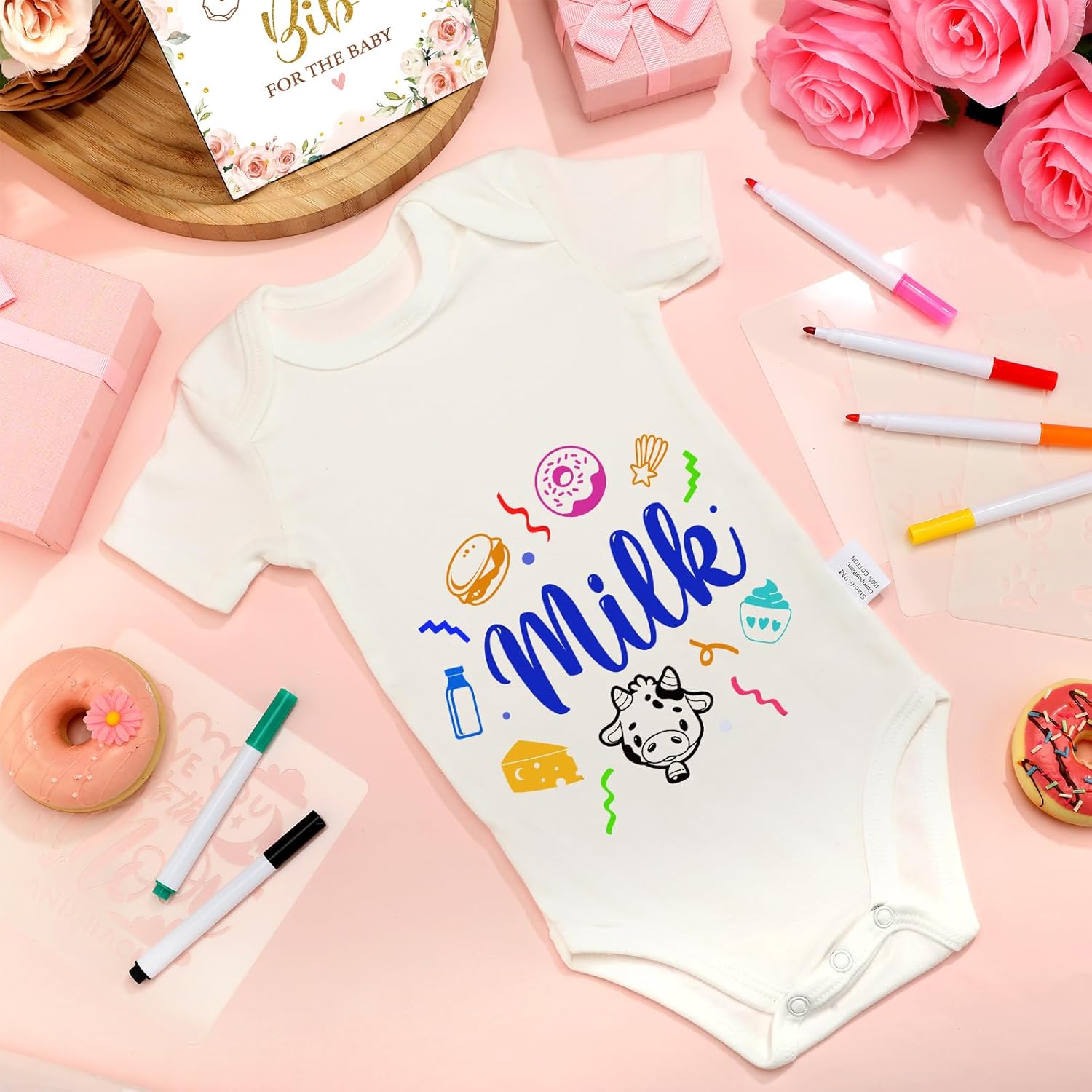 Panitay 100 Pcs Blank Bib Bodysuit Baby Shower Set Baby Shower Sign Blank Feeder Bib DIY Bodysuit Fabric Colorful Marker(Floral)