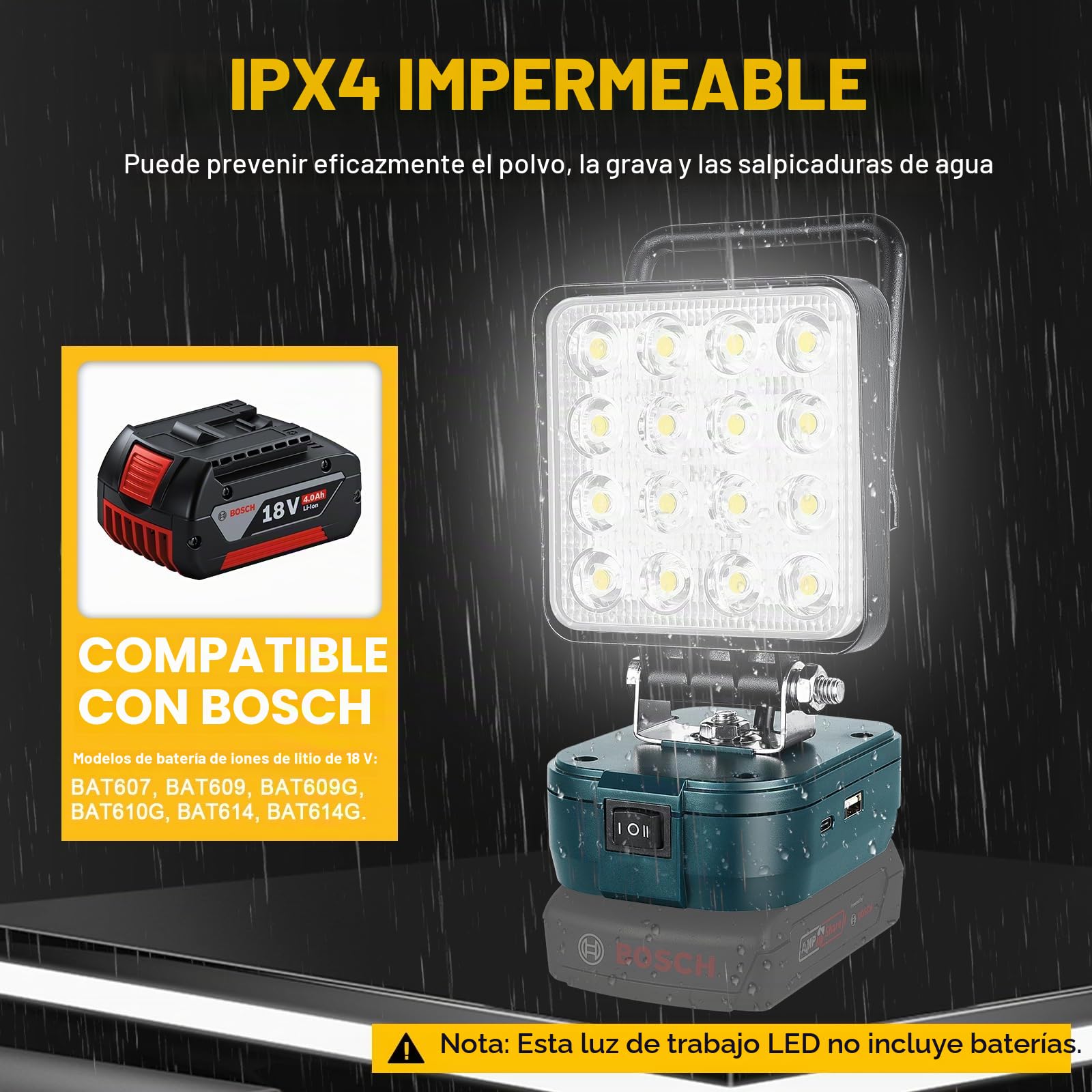SKYWORLD Luz de trabajo LED inalámbrica para batería Bosch de 18 V, 48 W, 4800 lm, reflectores portátiles para iluminación de camping de bajo voltaje al aire libre, taller, garaje, lugar de trabajo