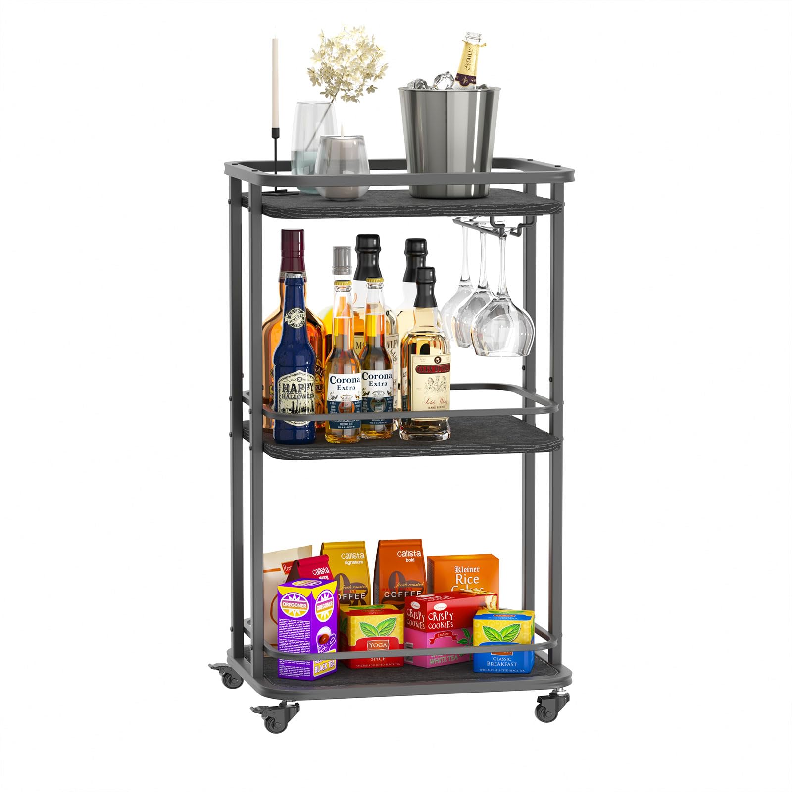 IBUYKE 3-Tier Home Bar Serving Cart,Kitchen Storage Carts with Wheels,11.79x15.72x33.01 inches,Rolling Mini Bar Cart for Home, Outdoor, Kitchen,