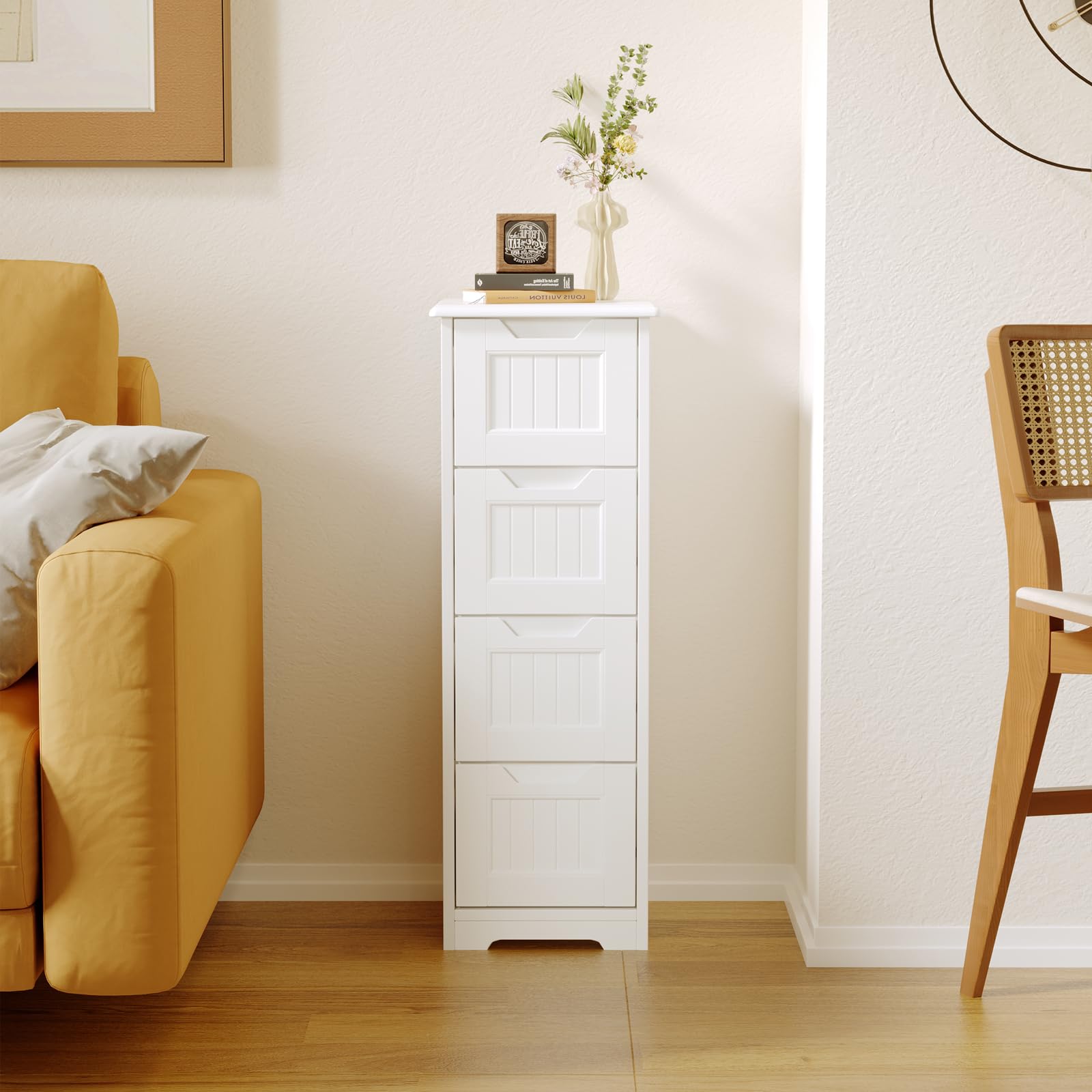 Bealife Armario de Baño con 4 Cajones, Cajonera de Baño, Mueble Estrecho, Adecuado para Dormitorio, Cocina y Salón, Estilo Nórdico Moderno, Blanco (28x28x84cm)