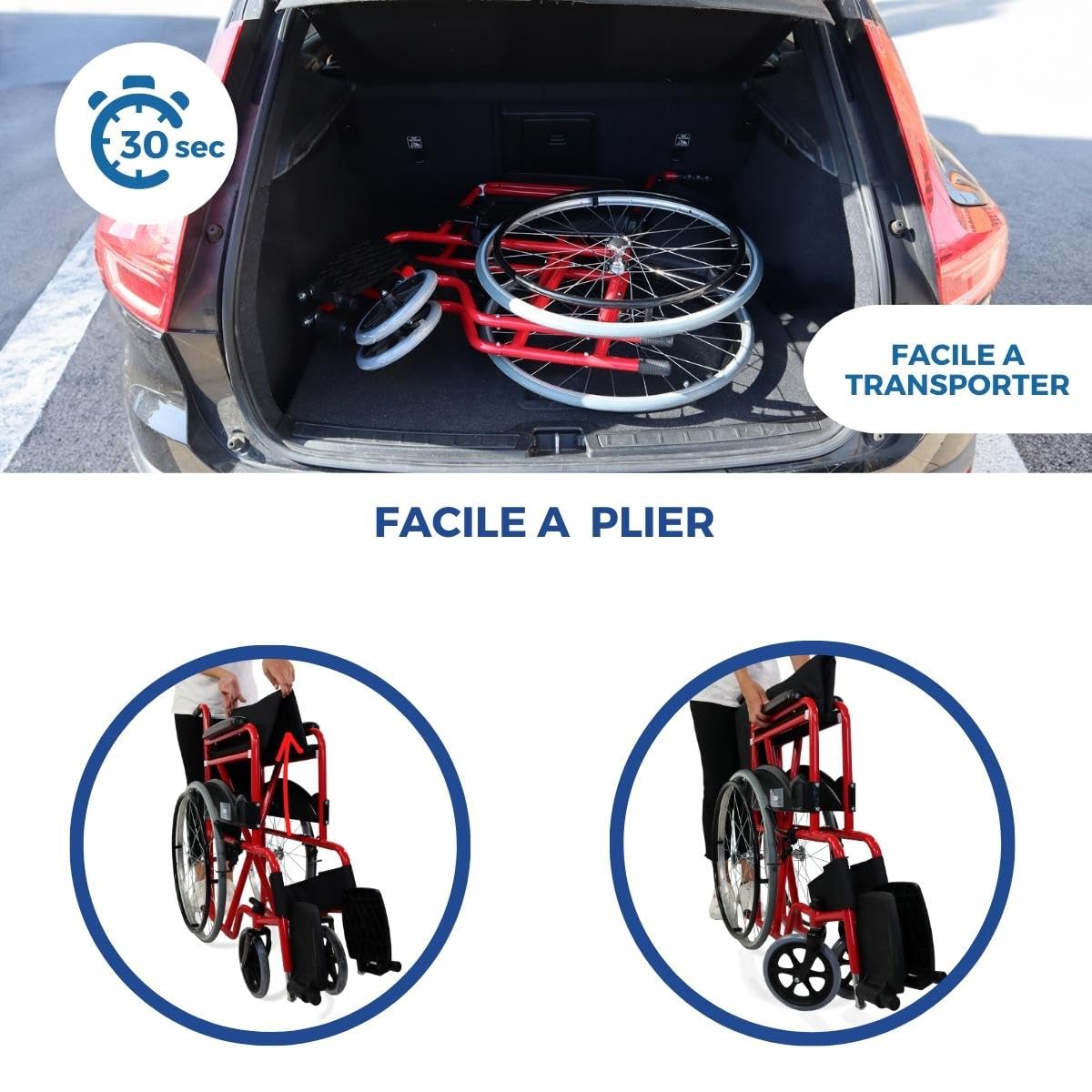 Mobiclinic®, Fauteuil roulant pliable, Auto-propulsé, Chaise roulante, Alcazaba, Assise 46 cm, Système de franchissement des bordures, Repose-pieds rabattables, Anti-crevaison, Frein sur les roues