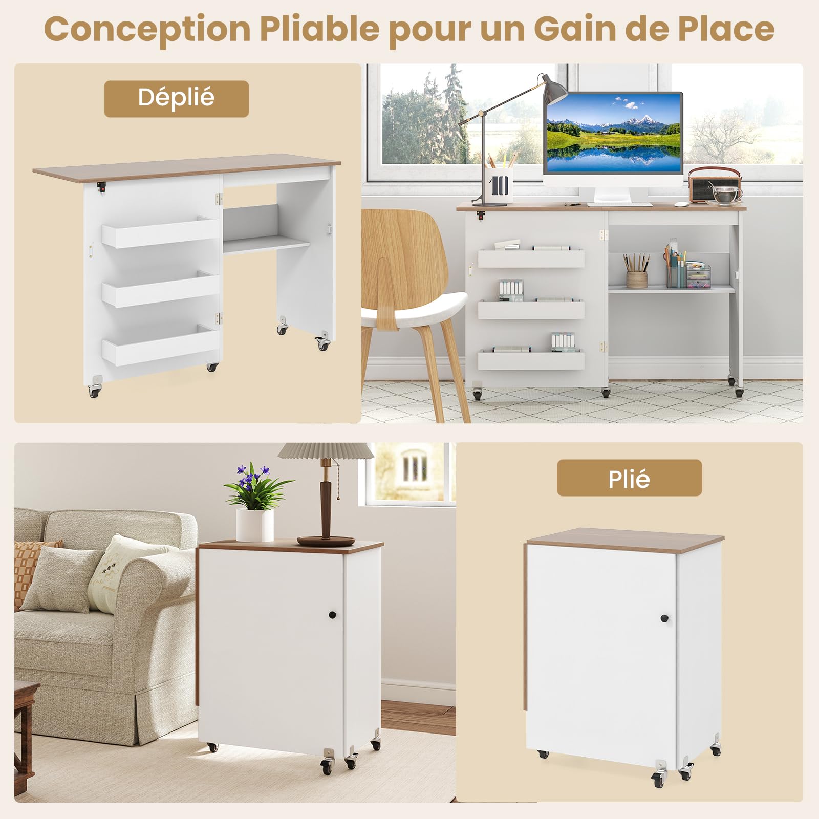 COSTWAY Table de Couture Pliante à roulettes, Armoire pour Machine à Coudre Roulante avec Étagère de Rangement, 3 Bacs Cachés, Meuble Couture pour Salon, Bureau, Studio (Blanc+Naturel)