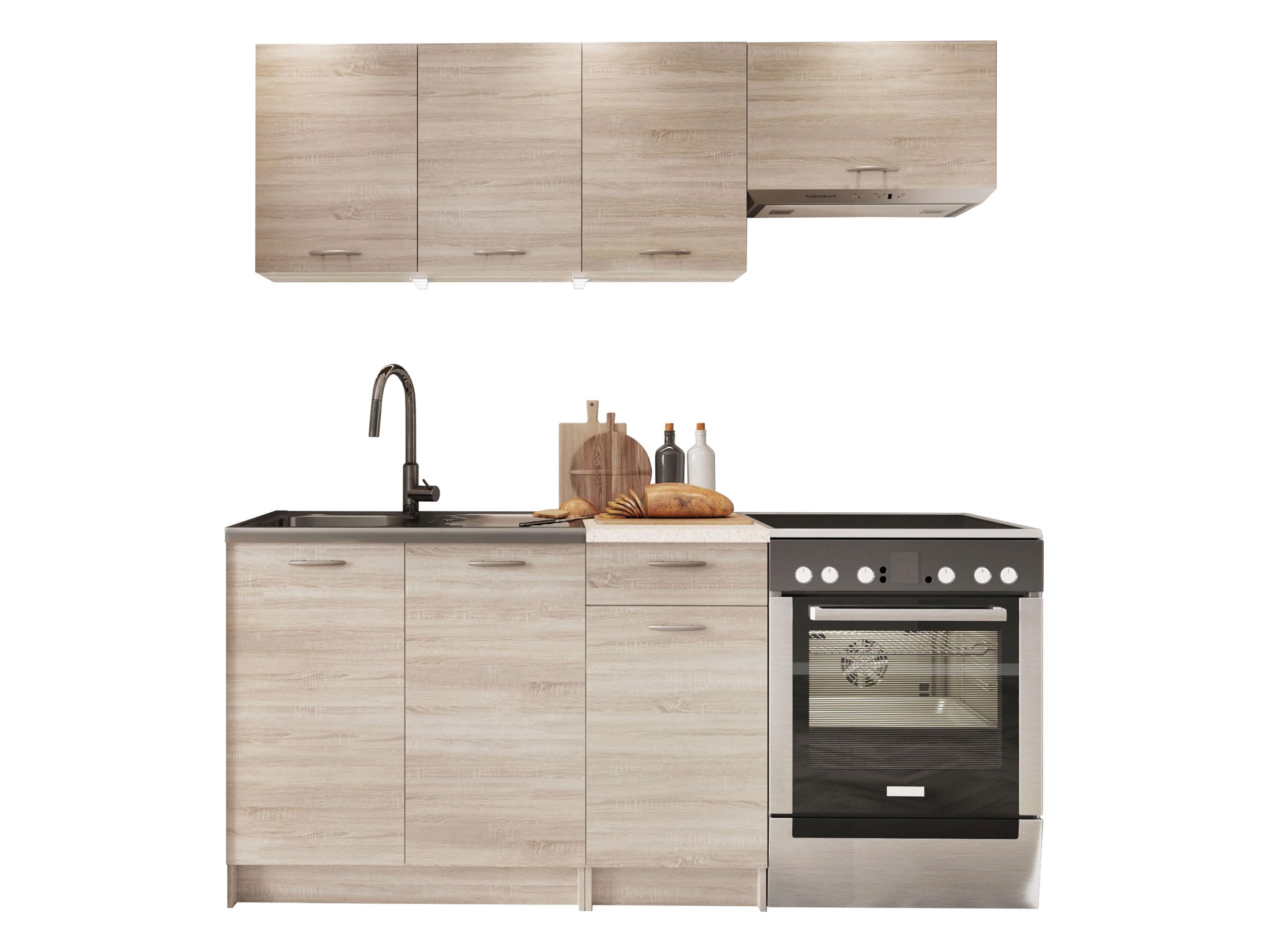 Cuisine Mela 180/120 cm Bloc de cuisine 5 modules d'armoire combinables librement (chêne Sonoma / Petra beige, avec éclairage LED)