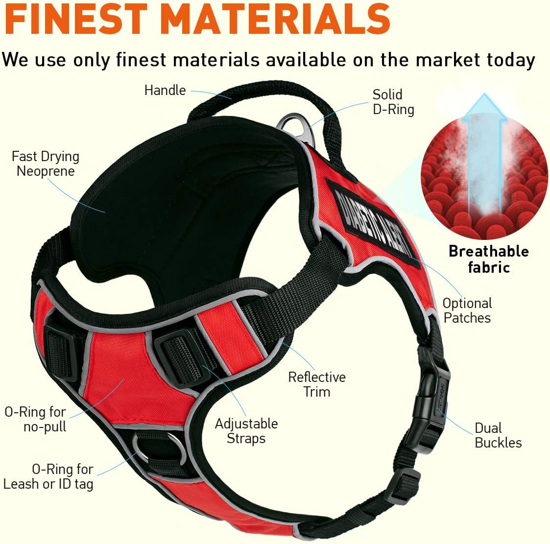 Dogline Quest No-Pull Dog Harness with Diabetic Alert Reflective Removable Patches Reflective Soft Comfortable Dog Vest with Quick Release Dual Buckles Black Hardware and Handle 15 to 18 inches Red