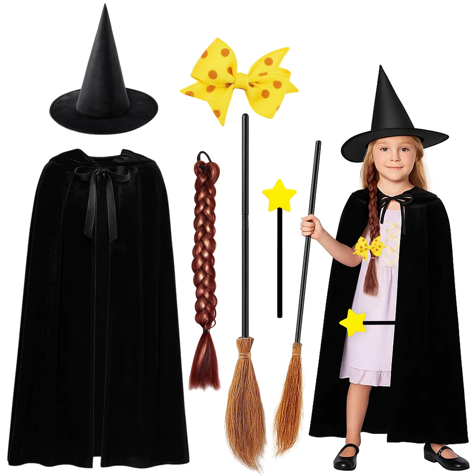 Witch Costume Kids, Halloween Costumes, 6 Pcs Costume Set for Girl with Witch Hat, Cape, Broom, Magic Wand, Hair Clip and Braids, Perfect for Halloween, Carnival and Themed Parties
