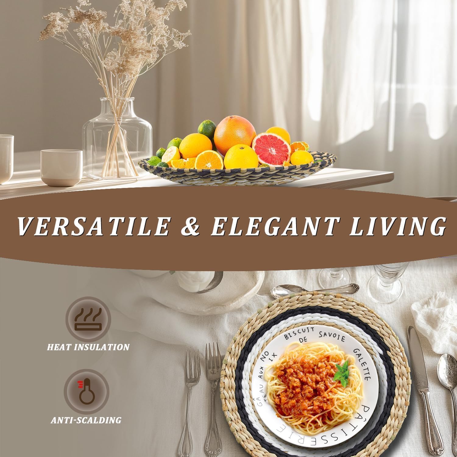 10 Pack Boho Wall Decor, 15 Inch Wall Basket Decor Round Handmade Hanging, Rattan Woven Wall Basket Decor for Living Room, Rustic Flat Elegant, Farmhouse, Bedrooms, Table Settings, Kitchen Home