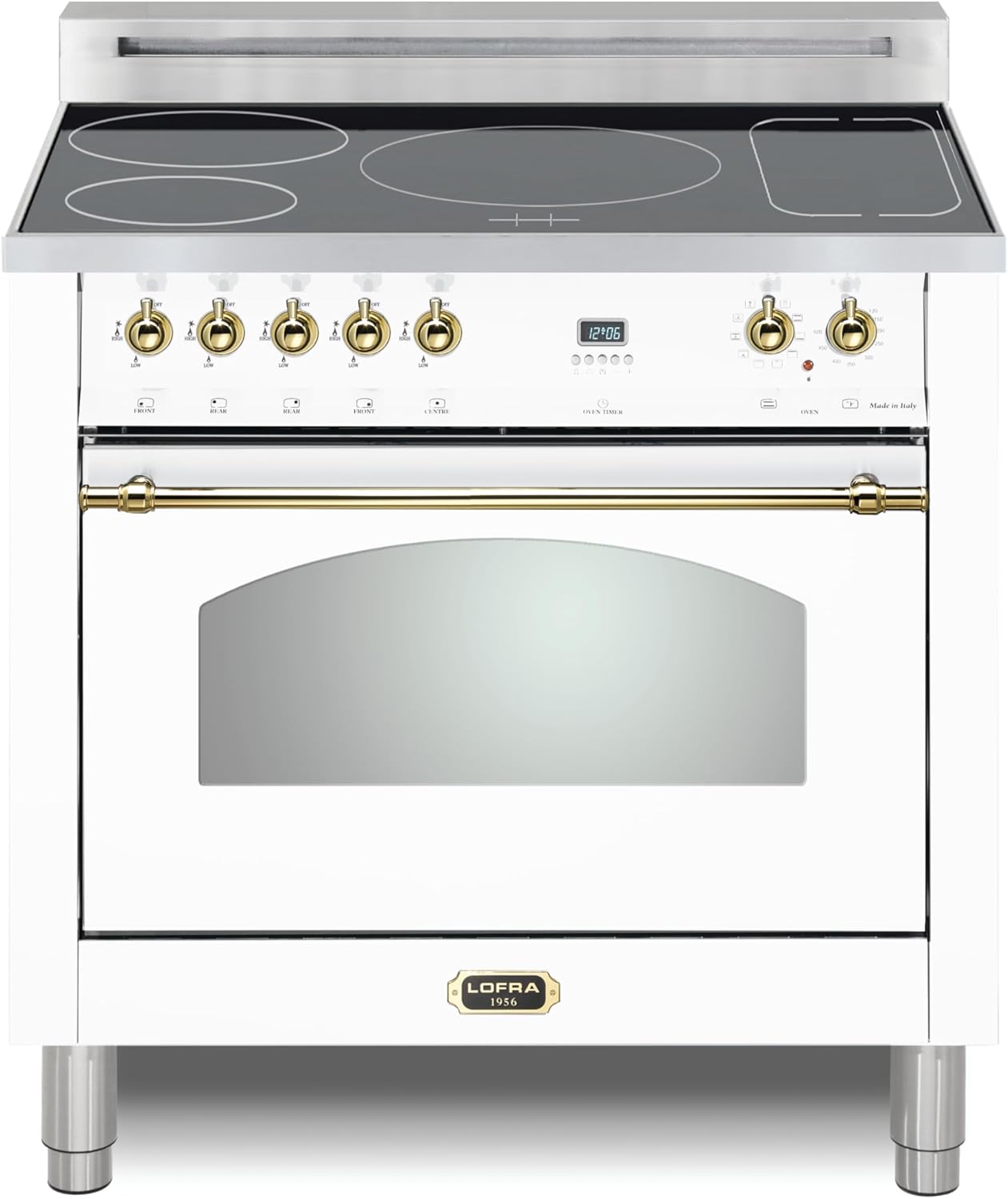 Lofra DolceVita Series 36 Inch Induction Freestanding Range Oven Stove, 5 Heating Zones,1 Bridge Zone, Power Boost, Convection, 9 Cooking Modes, Knobs and Handrail in Brass, White