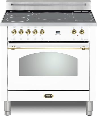 Lofra DolceVita Series 36 Inch Induction Freestanding Range Oven Stove, 5 Heating Zones,1 Bridge Zone, Power Boost, Convection, 9 Cooking Modes, Knobs and Handrail in Brass, White