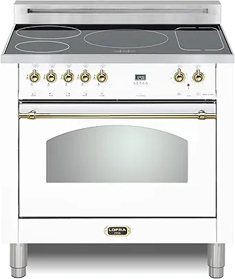 Lofra DolceVita Series 36 Inch Induction Freestanding Range Oven Stove, 5 Heating Zones, 1 Bridge Zone, Power Boost, Convection, 9 Cooking Modes, Brass Knobs and Handrail, White