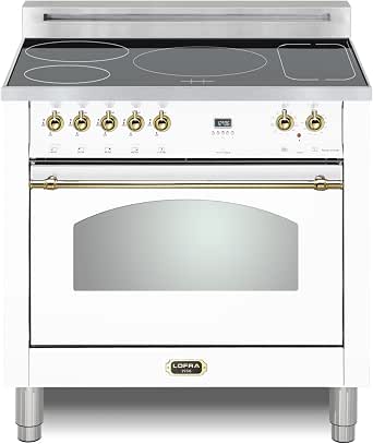 Lofra DolceVita Series 36 Inch Induction Freestanding Range Oven Stove, 5 Heating Zones,1 Bridge Zone, Power Boost, Convection, 9 Cooking Modes, Knobs and Handrail in Brass, White