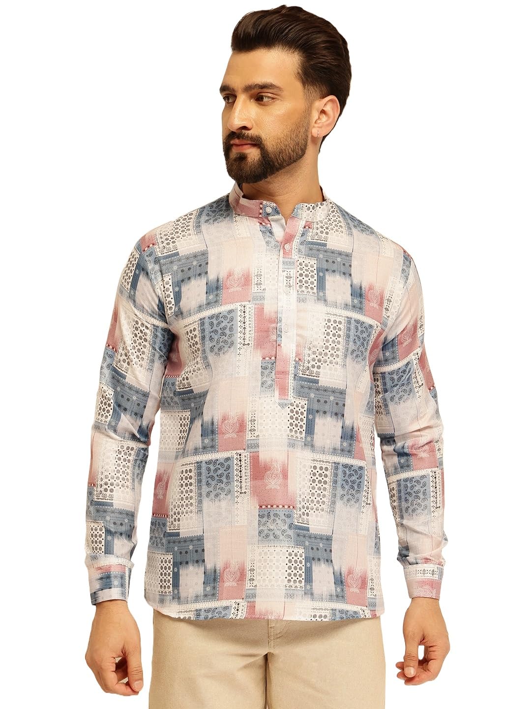 sojanya (Since 1958 Men's Cotton Linen Only Short Kurta with Mosaic Print-picture-34