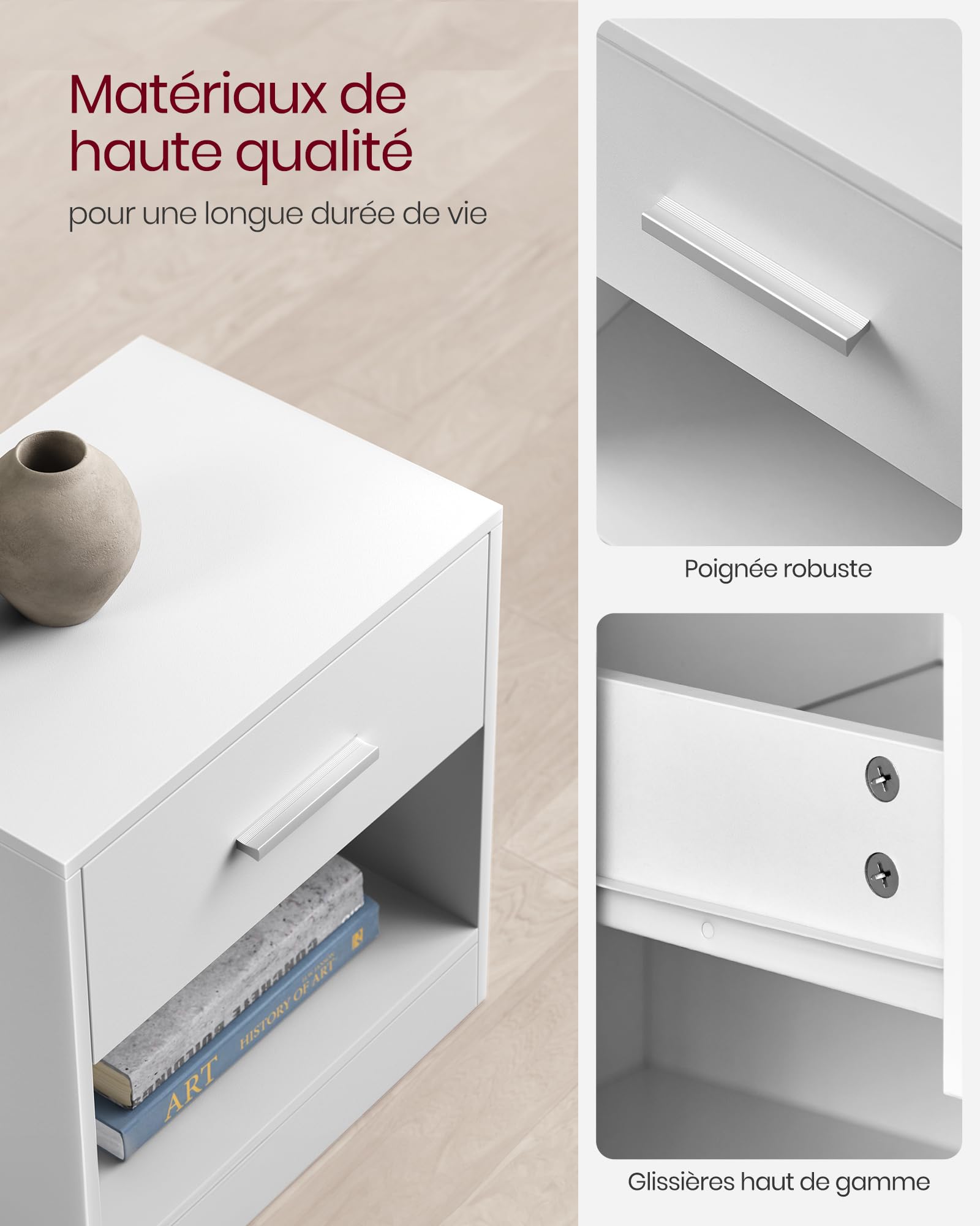 VASAGLE Custos Collection - Table de Nuit, Lot de 2, avec Tiroir, Poignée, Compartiment Ouvert, Table d Appoint, pour Chambre, Salon, Blanc Classique LET819T14