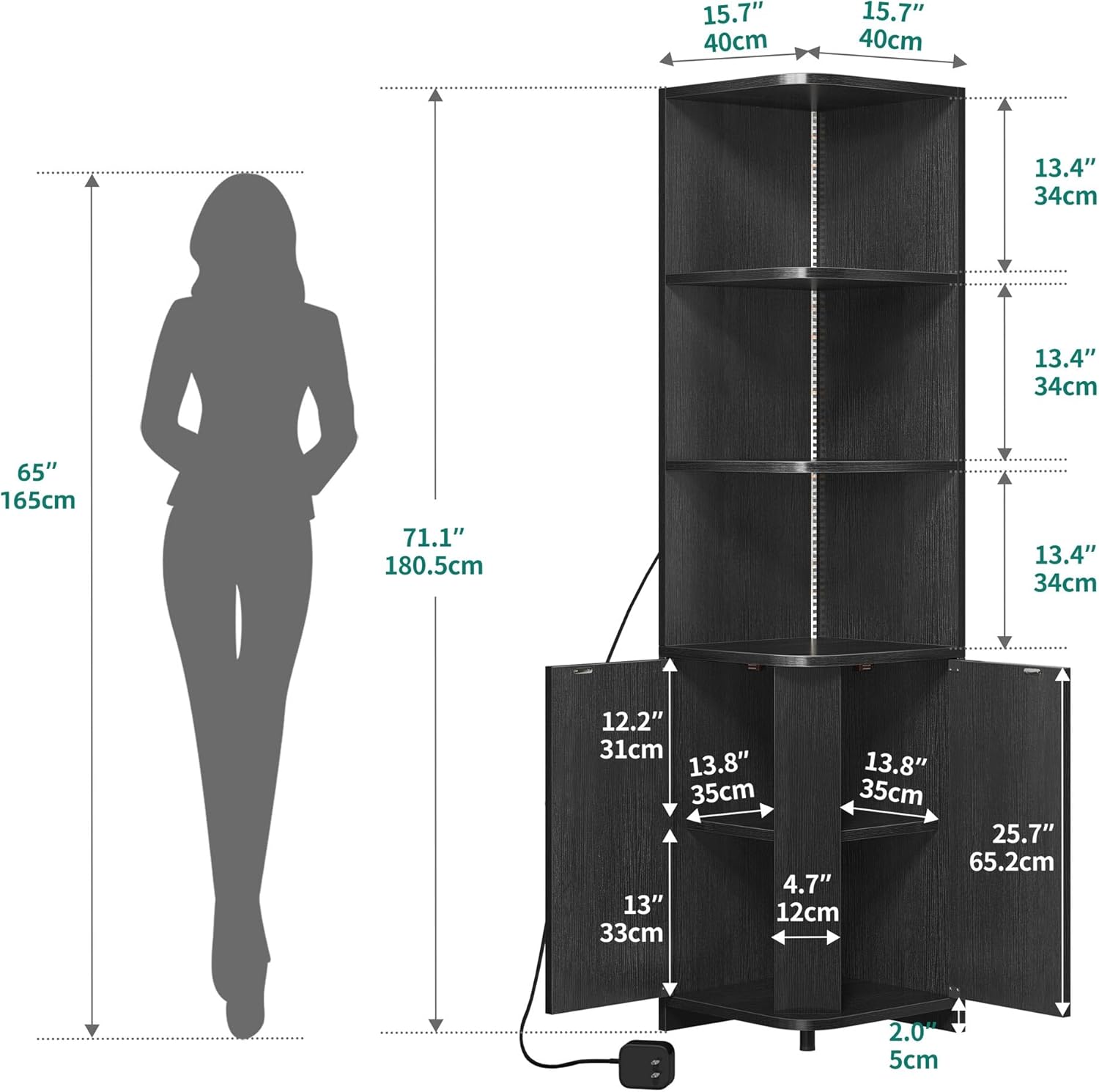 Black Adjustable Corner Cabinet with LED Lights and Storage