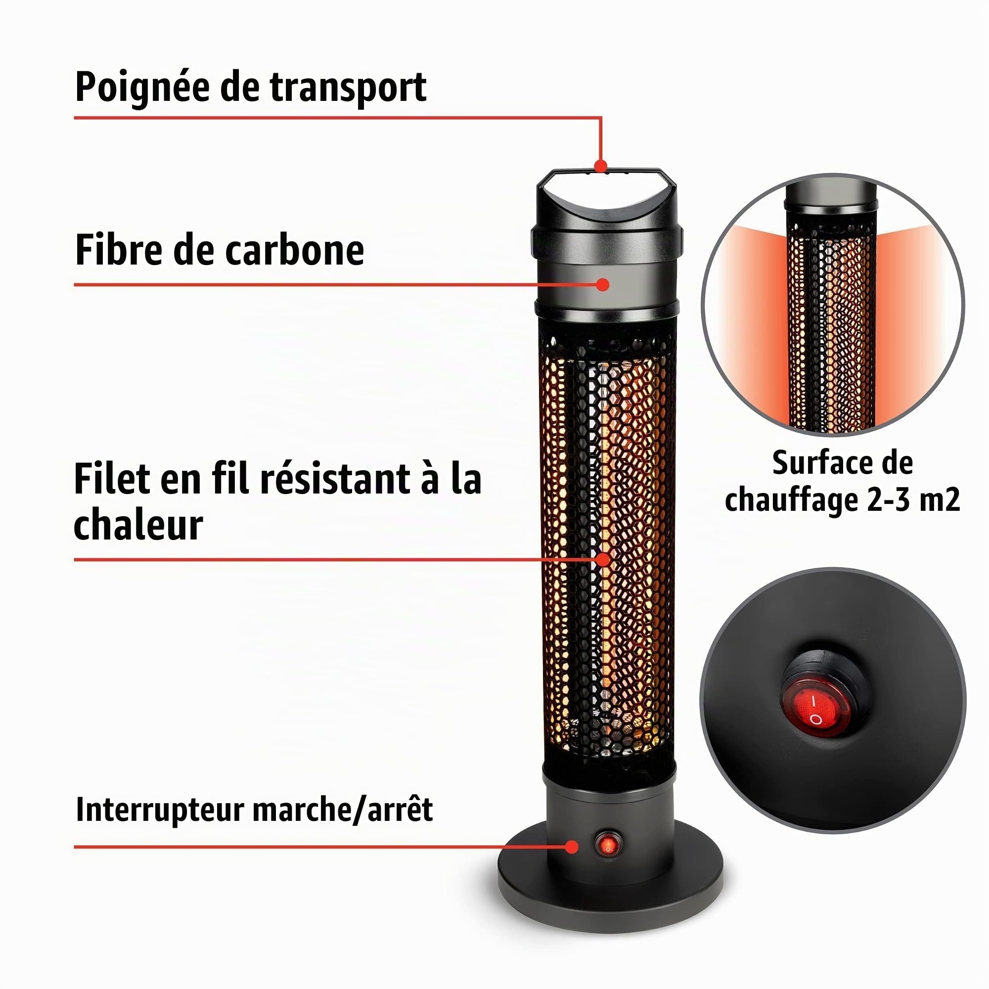 alpina Chauffage Électrique Infrarouge – Chauffage Exterieur Terrasse Électrique 800W - Lampe Infrarouge pour Intérieur et Extérieur - Étanche IP44 - Chauffage Portable Fibre Carbone - Noir