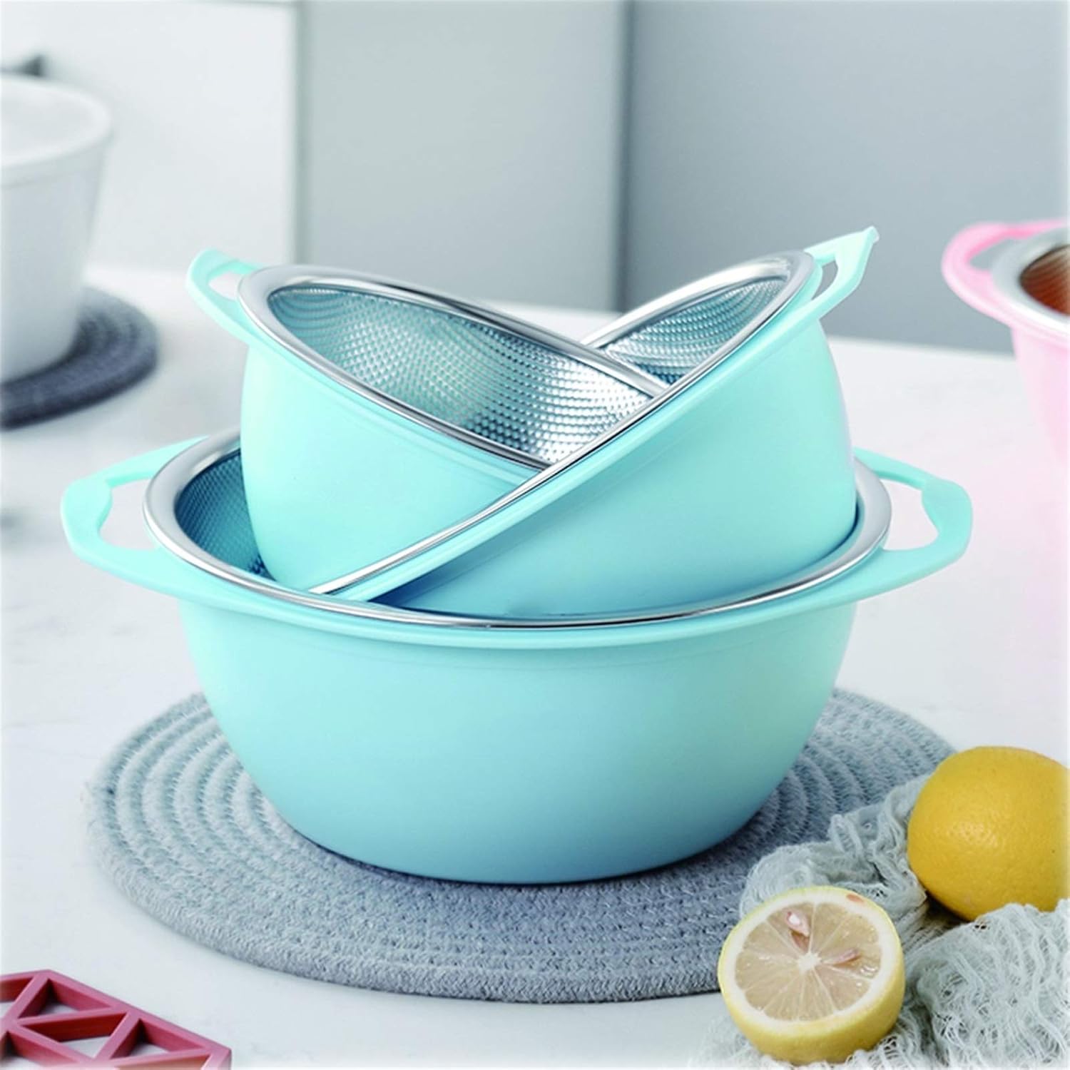 Draining Rack 3 Sets Double-Layer Colander Round Filter Bowl with Handle Used for Washing Vegetables and Fruits, Stacked to Save Space Drainage Rack(Pink)