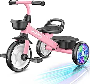 Umatoll Tricycle for Toddlers 2-5 Year Old, Adjustable Toddler Bike Outdoor Toys, Birthday Gift for Girl Age 2-4, Trike with Light up Wheels