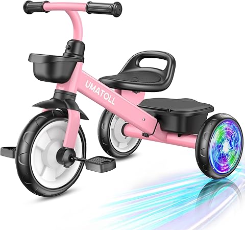 Umatoll Tricycle for Toddlers 2-5 Year Old, Ajustable Toddler Bike Outdoor Toys, Birthday Gift for Girl Age 2-4, Trike with Light up Wheels