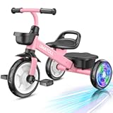 Umatoll Tricycle for Toddlers 2-5 Year Old&comma; Ajustable Toddler Bike Outdoor Toys&comma; Birthday Gift for Girl Age 2-4&comma; Trike with Light up Wheels