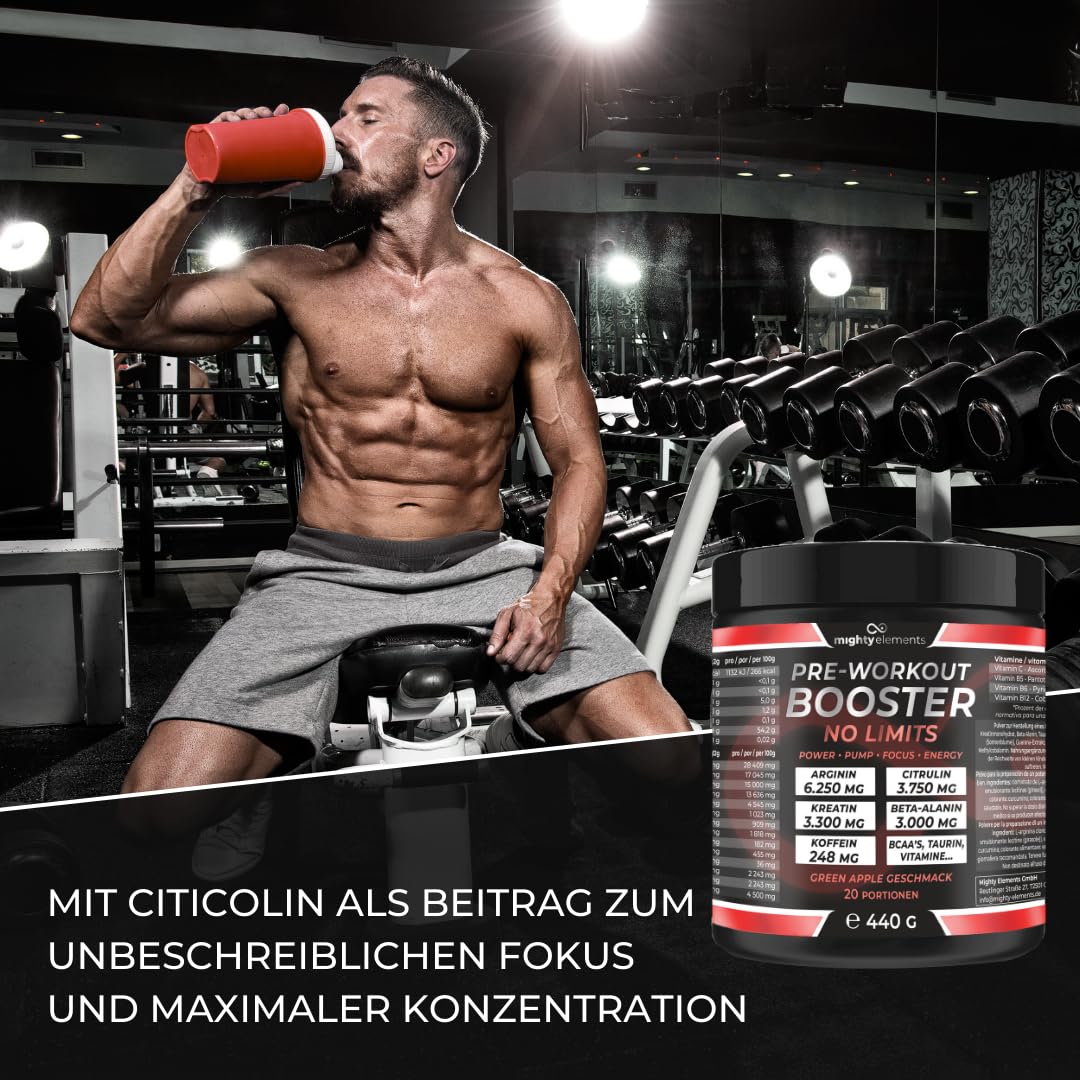 Mighty Elements Pre-Workout Booster No Limits Pulver, Arginin 6.250 mg, Citrullin 3.750 mg, Kreatin 3,3 g, Beta-Alanin 3 g, Koffein 248 mg, Green Apple Geschmack, 20 Portionen, 440 g