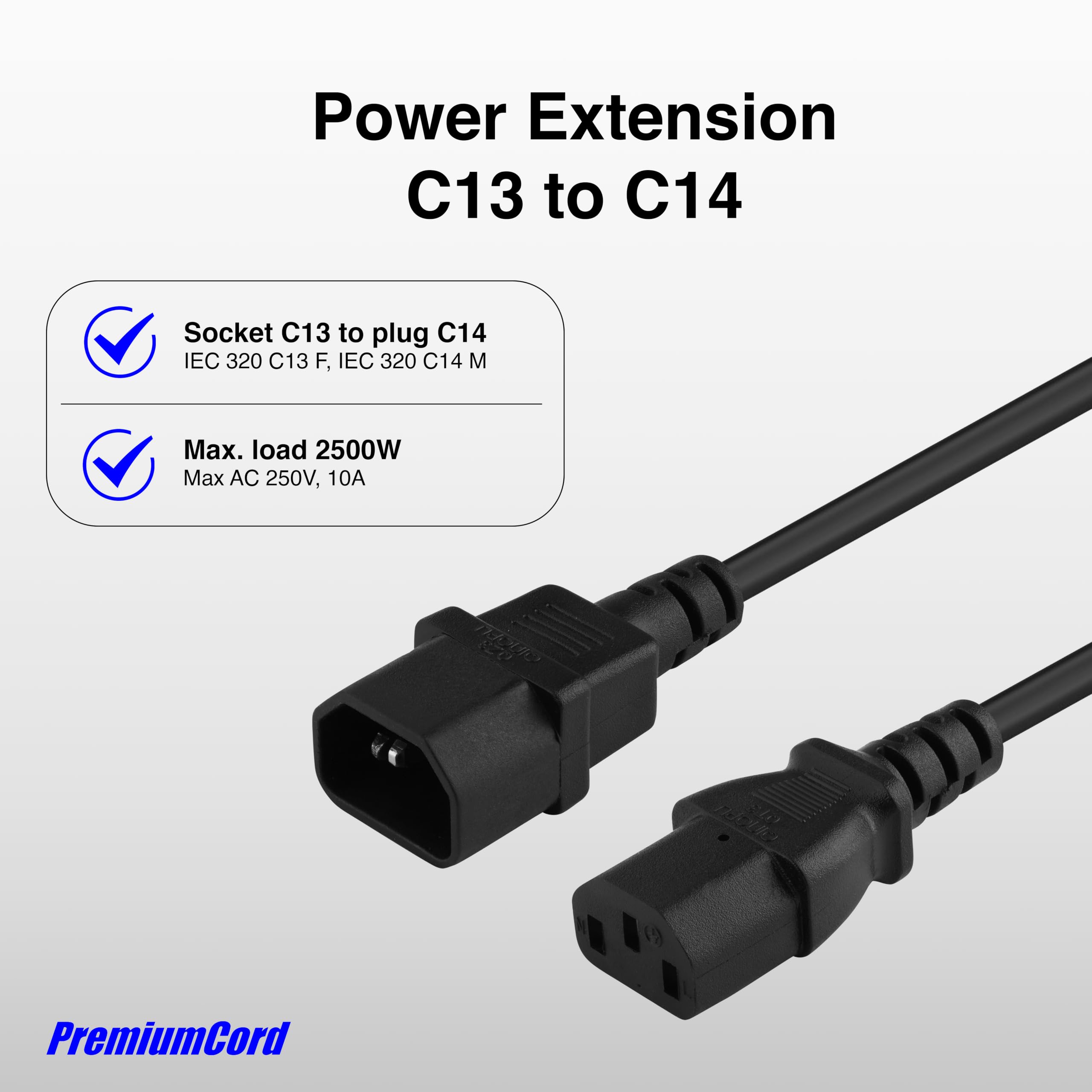 PremiumCord Extension d'alimentation pour PC 230V 5m, Rallonge IEC 320, Prise à Fiche, IEC 320 C13 pour C14, Câble d'alimentation, Couleur Noire