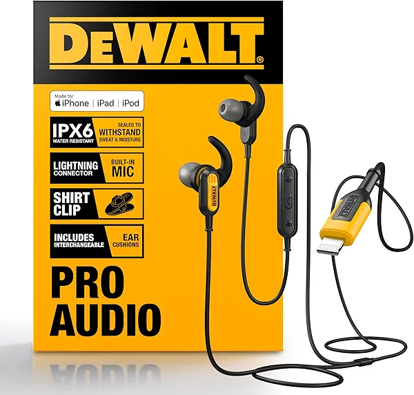 DEWALT Heavy Duty Earphones for Lightning, Compatible w/Apple iPhone Headphones Wired, Jobsite Water-Resistant for iPhone Headphones Wired Lightning, Corded Earphones for iPhones 14 and Older