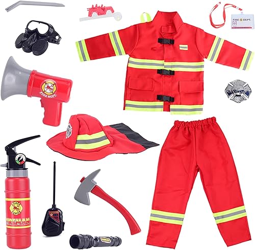 Miniatura 7 de Disfraz de bombero de 13 piezas para niños, disfraz de bombero para niños y niñas, jefe de bomberos, juego de rol con accesorios