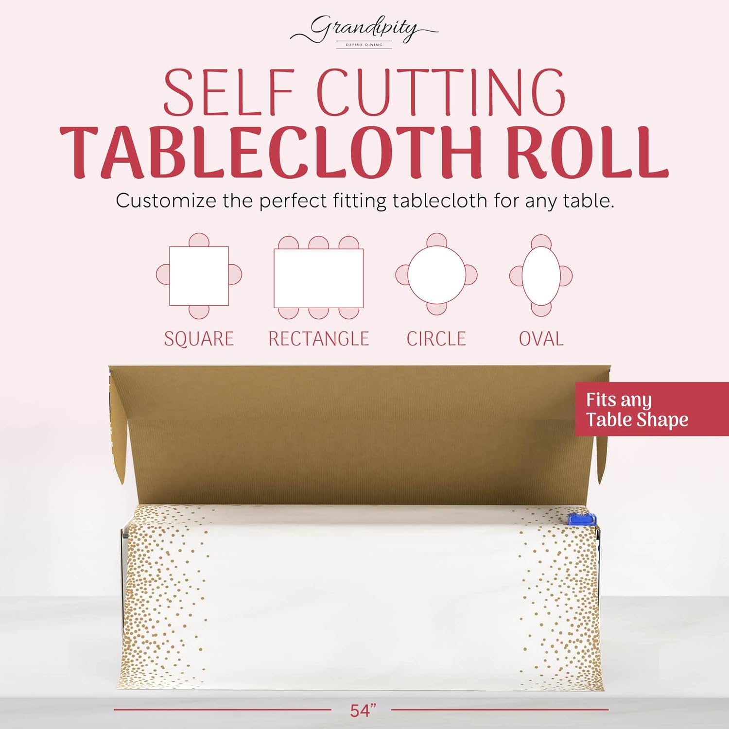 Grandipity Plastic Tablecloth Roll - 54in x 100 Ft. Gold Dots Plastic Table Cloths for Parties Disposable with Cutter Box - Cut to Size Disposable Tablecloth Table Cover for Rectangle & Round - Image 8