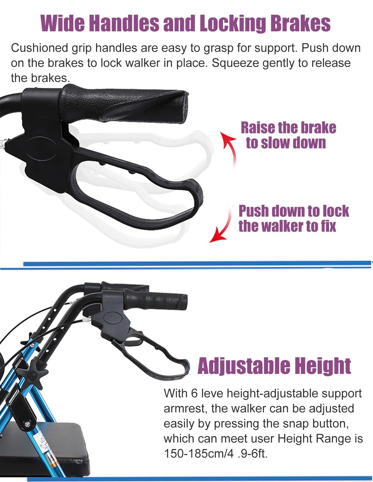 Andador con asiento y ruedas y frenos de 8 pulgadas, plegable, resistente, para personas mayores, con respaldo y cestas, altura ajustable