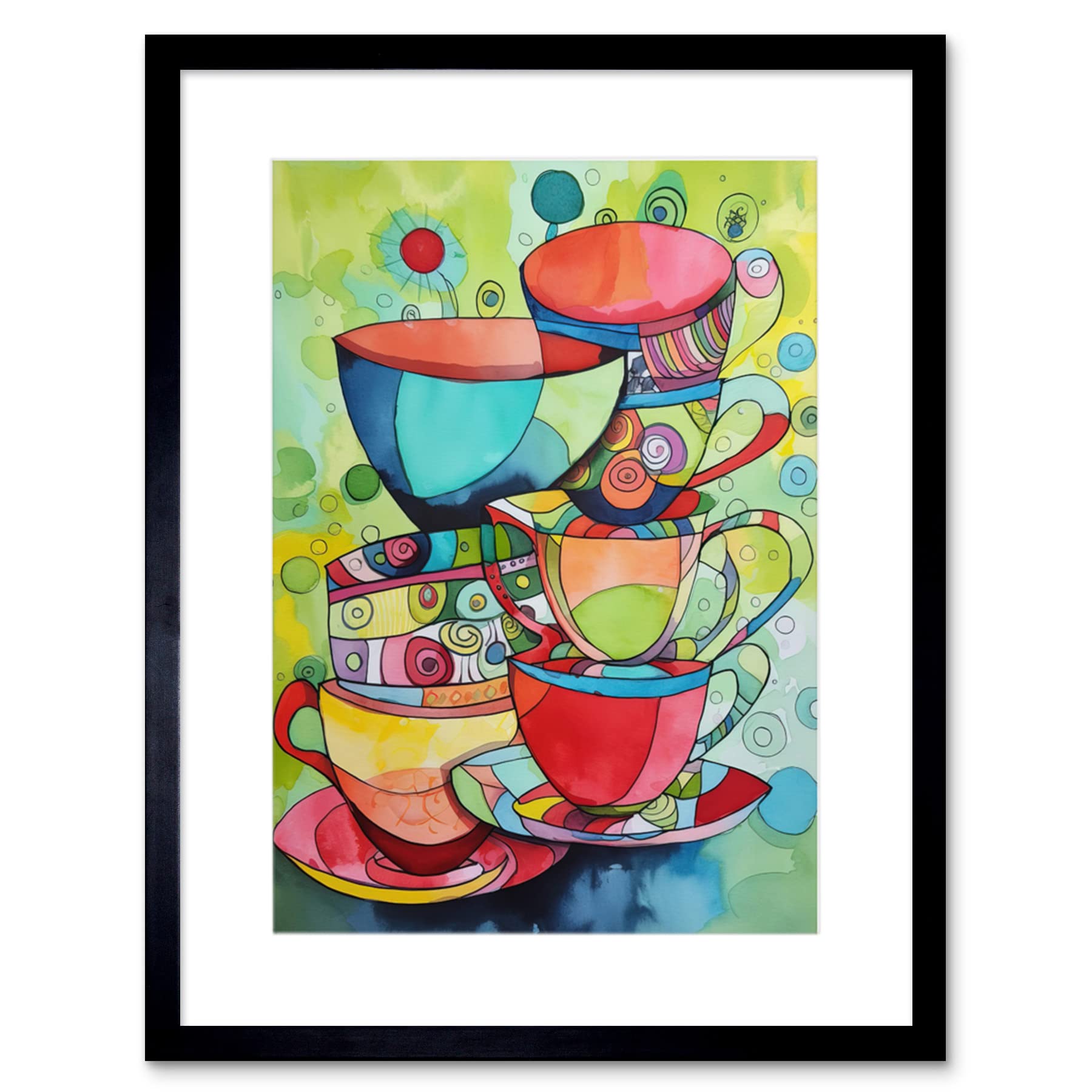 Artery8 Abstract Tea Cups Folk Art Kitchen Artwork Framed Print Wall Art 9X7 Inch