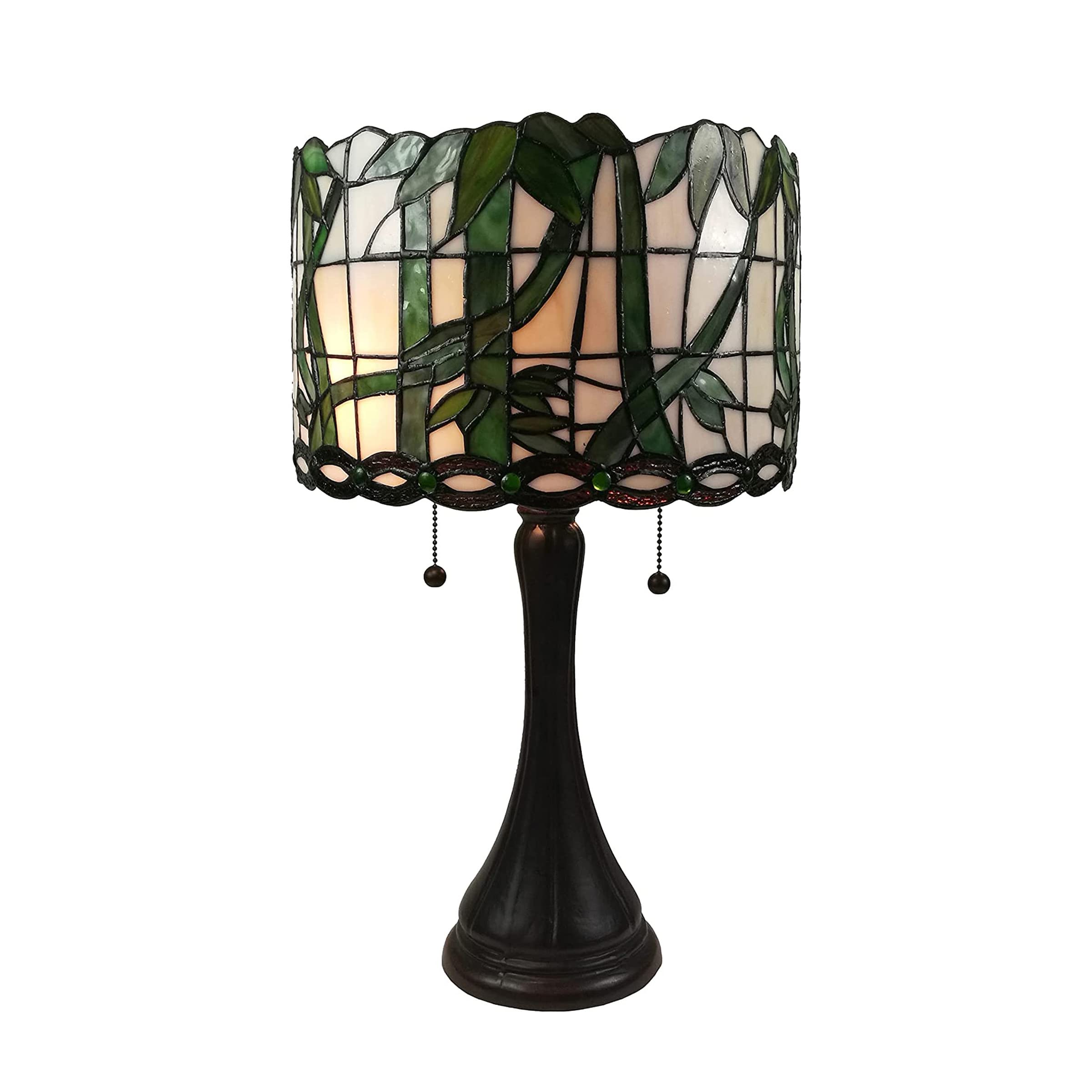 Amora Vintage Tiffany Table Lamp - Vines and Leaves Table Night Light - Green Glass Nightstand Lamp -