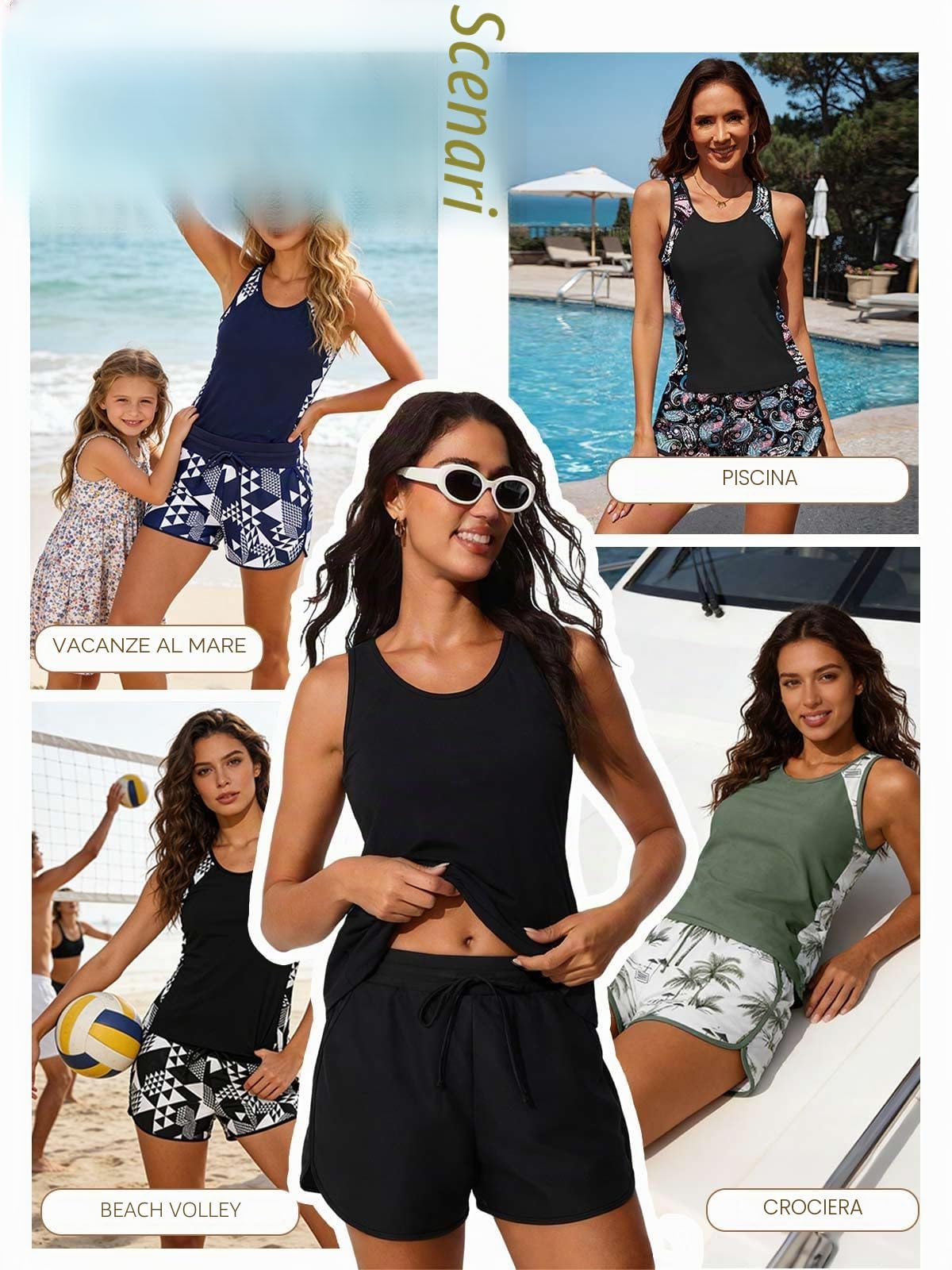 CheChury Tankini da Donna Set Due Pezzi Costume da Bagno a Vita Alta Scollo a U Imbottito Reggiseno Sexy Push up Costumi Mare Floreale Tankini Tops Pantaloncini Donna Beachwear Swimwear Spiaggia