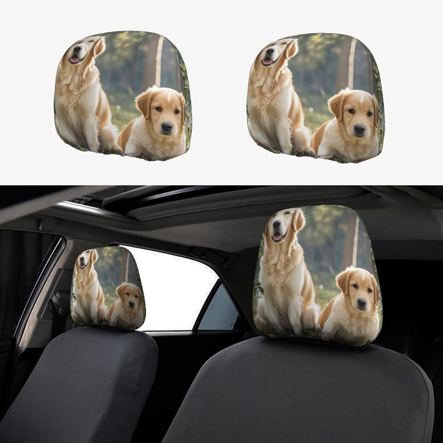 Car Seat Headrest Covers Golden Retriever Dogs Puppies Pets Head Rest Covers Personalized Car Headrest Cover Protector Soft Decorative Accessories Car Seat Head Rest Cover for Truck SUV