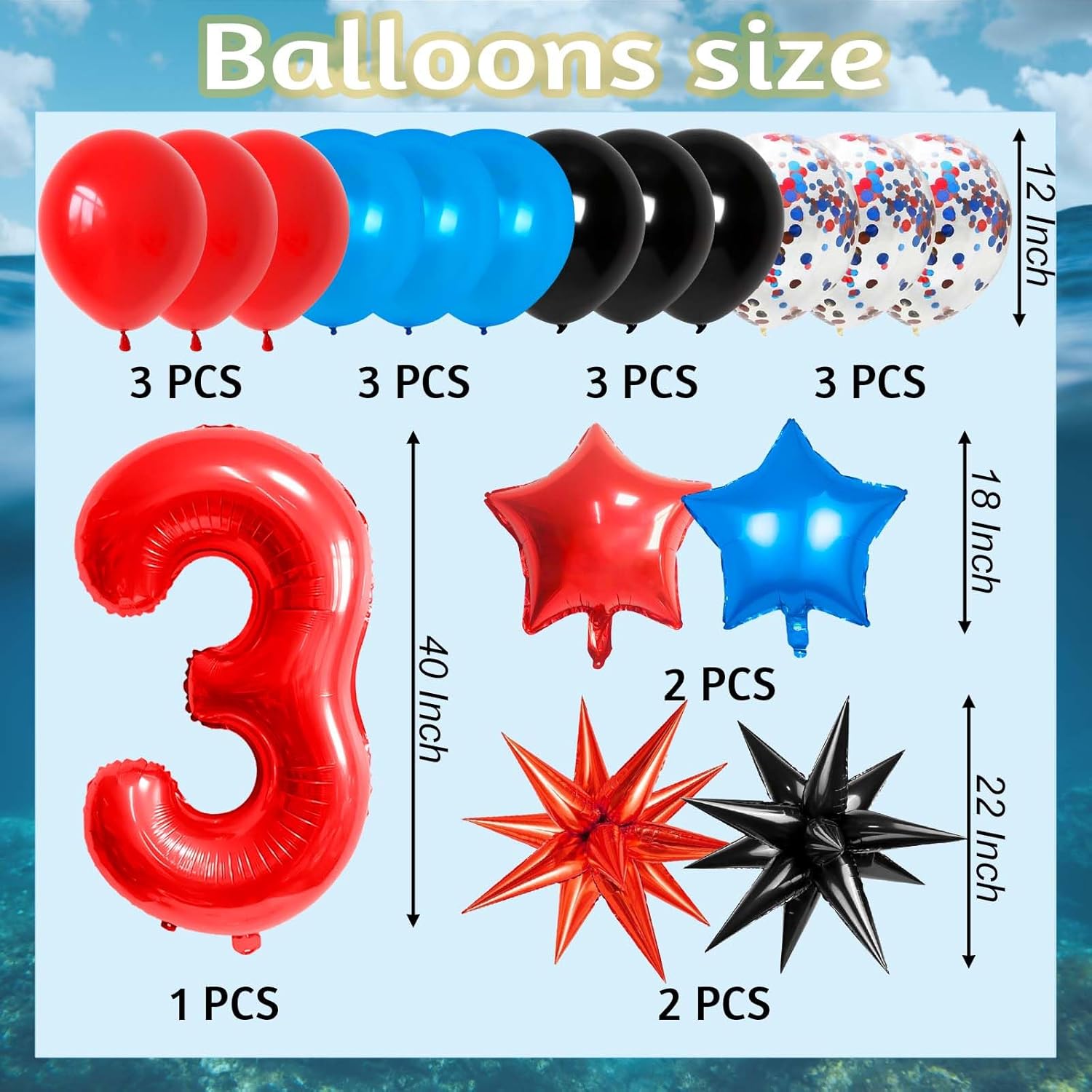 40 Inch 3 Balloon Number, Blue Red and Black Balloons, Star Balloon, Confetti Latex Balloons for Anniversary Kids Birthday Party (3)