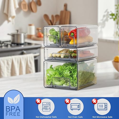 Miniatura 7 de Organizador de almacenamiento de plástico transparente para refrigerador con cajones y escurridor, contenedores apilables para organización de