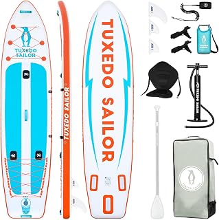 Tuxedo Sailor Inflatable Stand Up Paddle Board Fishing SUP Board with complete accessories Adjustable paddle, pump, ISUP travel backpack, waterproof mobile phone bag, fin, kayak seat, paddle surfboard