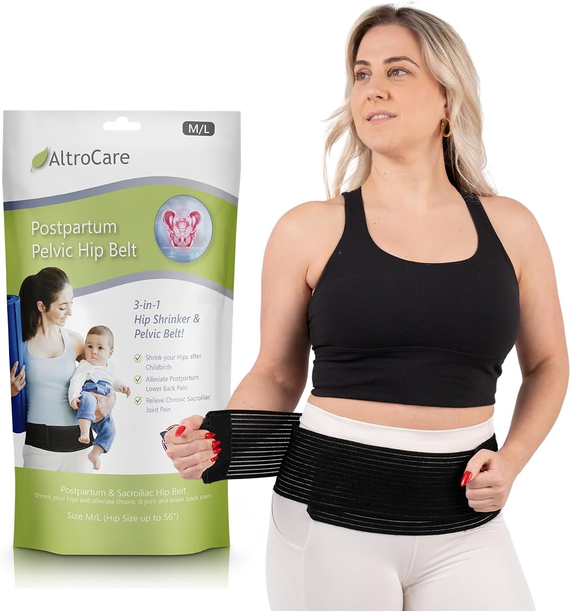 3-in-1 Sacroiliac Pelvis Belt, Postpartum Back Support & Hip Shrinker (Black, One Size: S/M/L). Made in USA.
