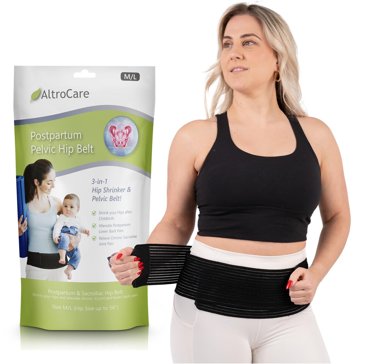 3-in-1 Sacroiliac Pelvis Belt, Postpartum Back Support & Hip Shrinker (Black, Plus Size XL). Made in USA.