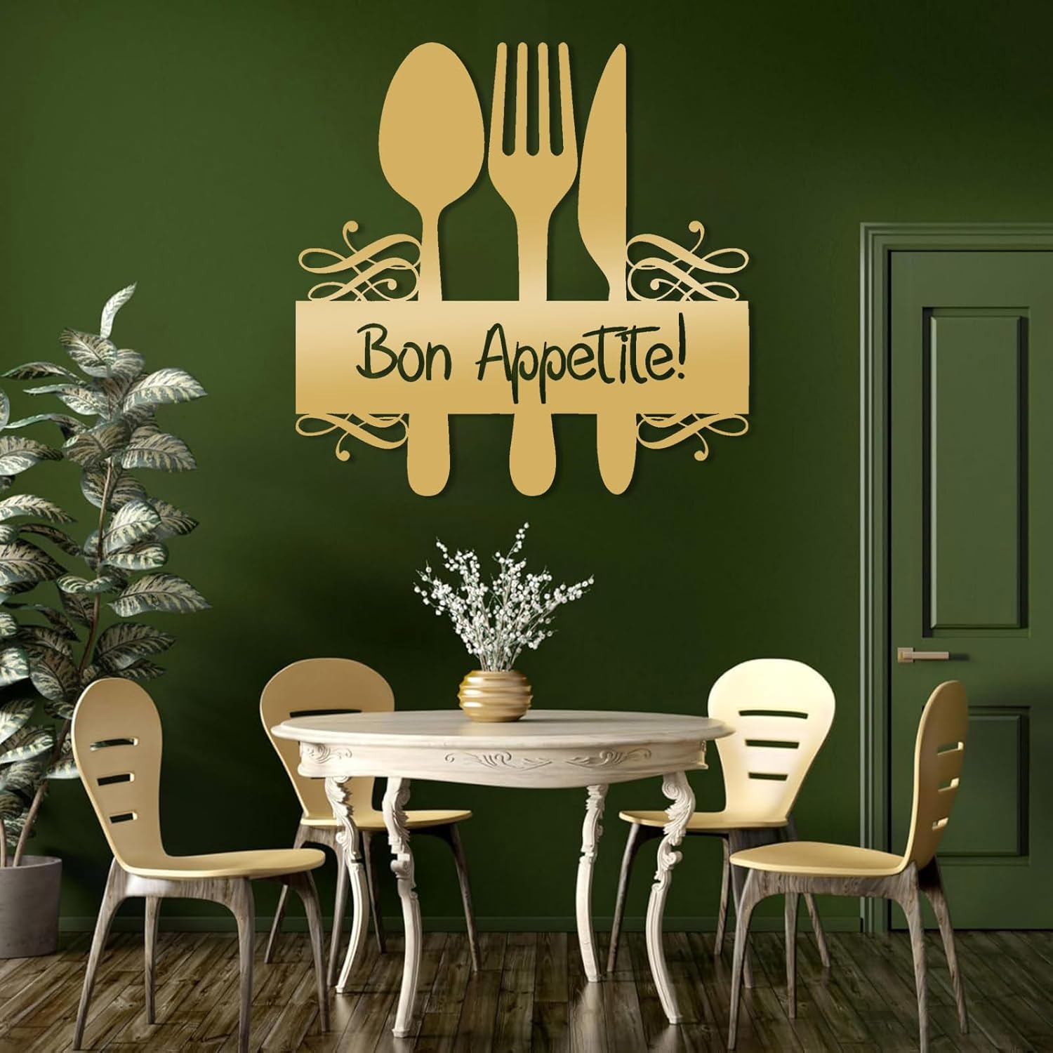 LARNT Bon Appetite Metal Wall Decor, Fork Spoon Knife Metal Wall Art, Bon Appetite Wall Art, Kitchen Wall Decor, Table Setting Wall Hanging, Letters Sign, Home Decor (Silver, 19"x19"|47x47cm)