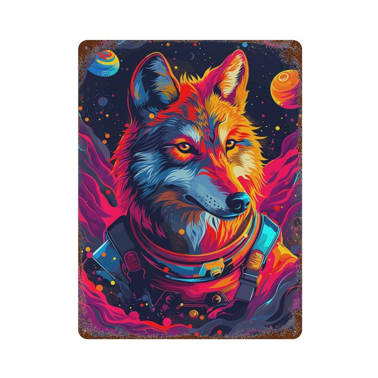 Astronaut Wolf Space Rustic Tin Plaque 15.7"x11.8", Novelty Wall Decor for Garage, Pub Or Kitchen