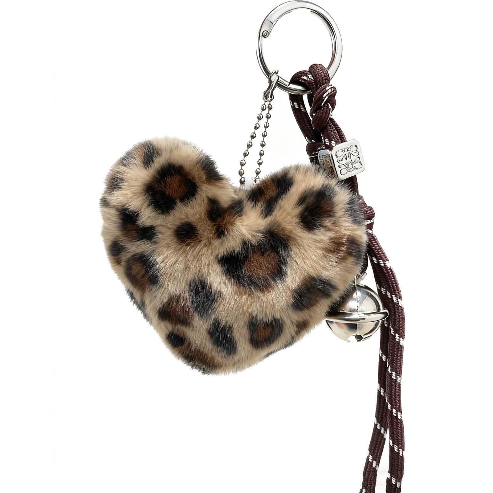 Glimbely Women's Style B Leopard Print Pom Pom Keychain, Plush Bag Charm With Leopard Heart Pendant Fluffy Handbag Backpack Keyring For (Style B)