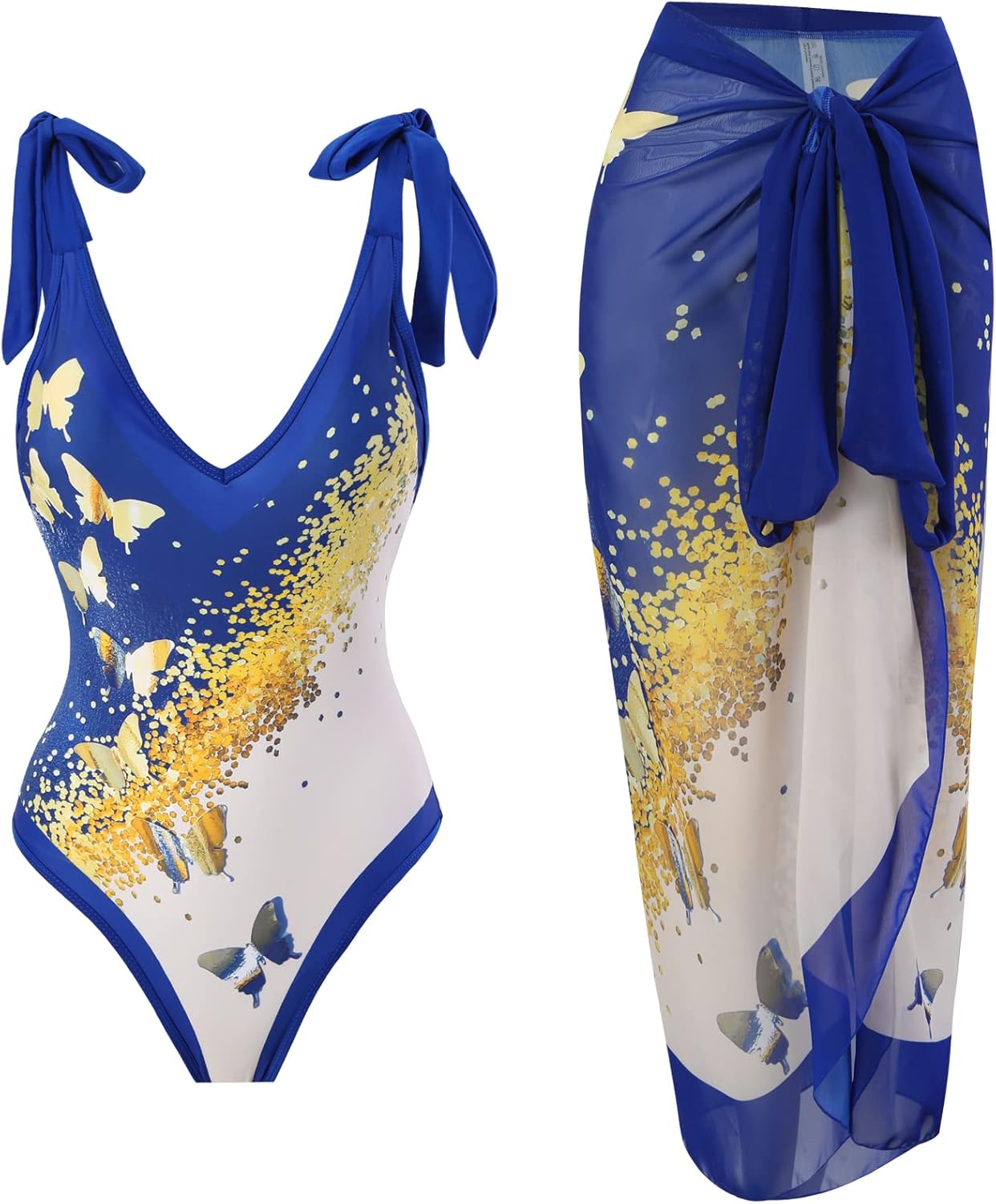 Women One Piece Swimsuit with Cover up Set High Waisted Beach Wrap Skirt Two Piece Bathing Suit