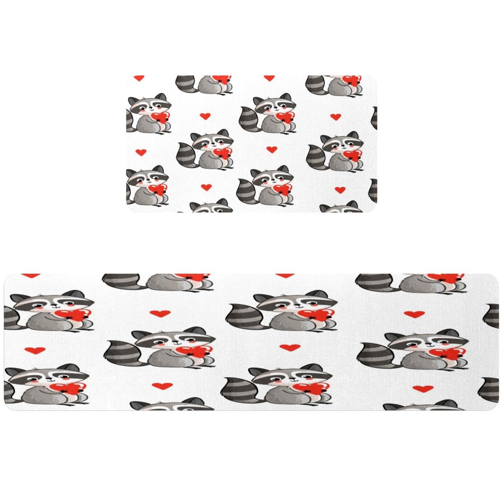 Tapis de cuisine antidérapants lot de 2 lavables motif raton laveur et cœur mignon