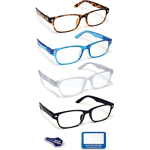 Boost Eyewear Blue Light Blocking Reading Glasses, 4 Pack, Assorted Colors