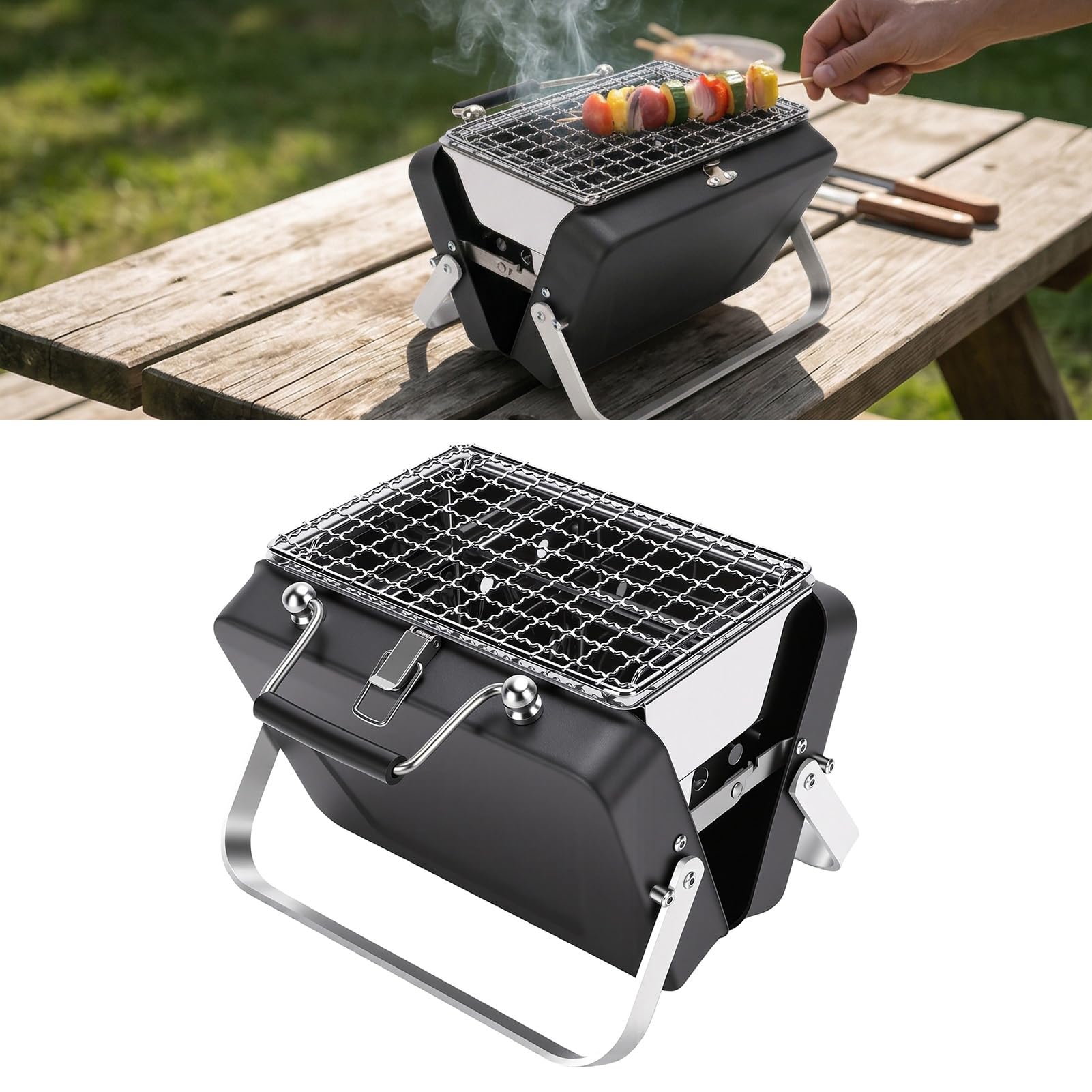 Griglia per Barbecue, Griglia per Barbecue Portatile Pieghevole e Compatta in Acciaio Inossidabile 6,5x4,3x5,9 Pollici, a Carbone con Custodia Integrata per Uso Esterno da Tavolo da Picnic
