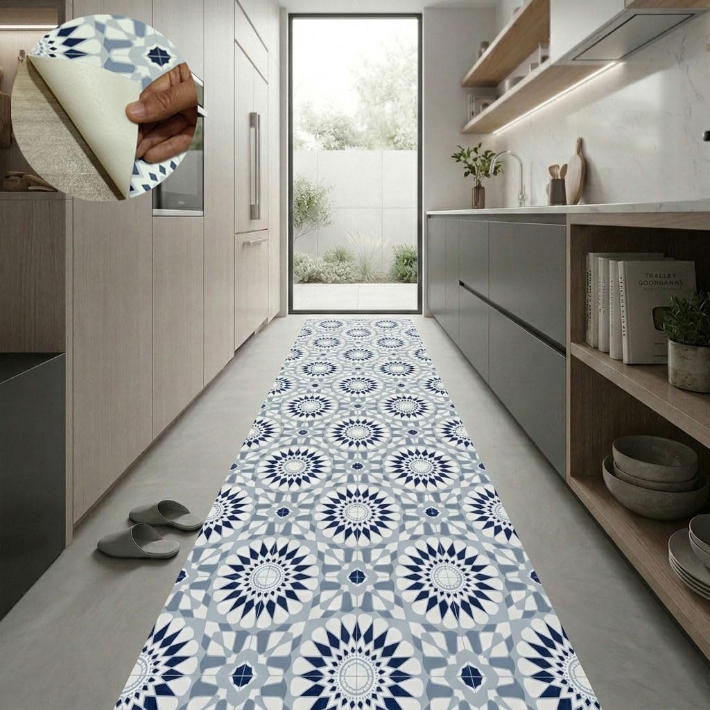 Alfombra Vinílica Calipso | Diseño Geométrico Moderno en Dos Colores | Antideslizante y Fácil de Limpiar| Azul | 50X200 cm