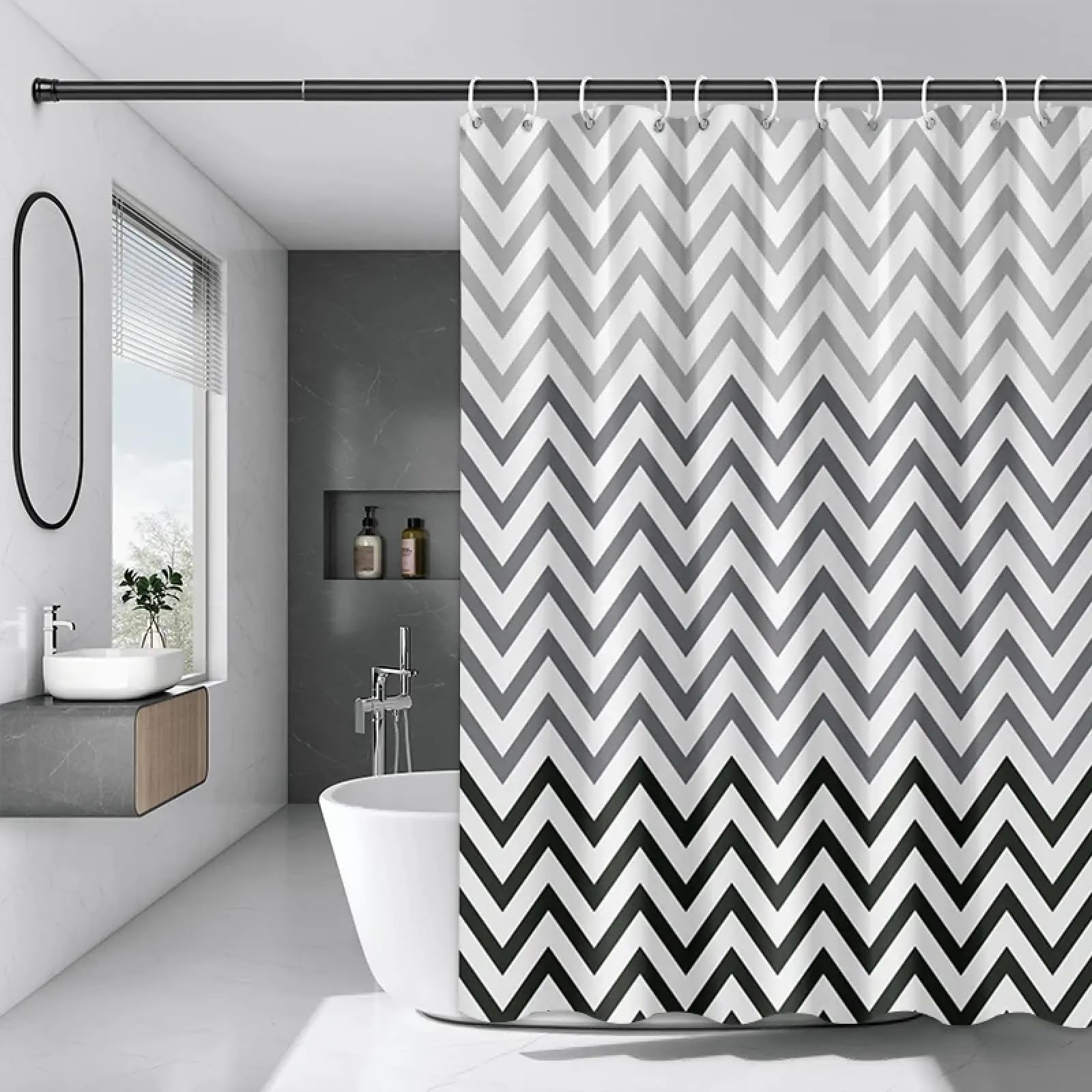 Rideau de douche anti moisissure et imperméable noir et blanc 214x183cm
